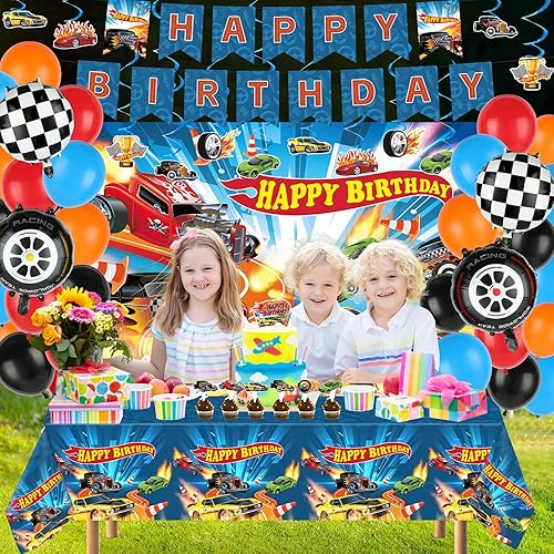 Miniatura 5 de 153 Piezas Decoraciones de Fiesta de Cumpleaños Feliz Cumpleaños de Coches de Carrera Calientes, Juego de Vajilla de Coches de Carrera, Platos