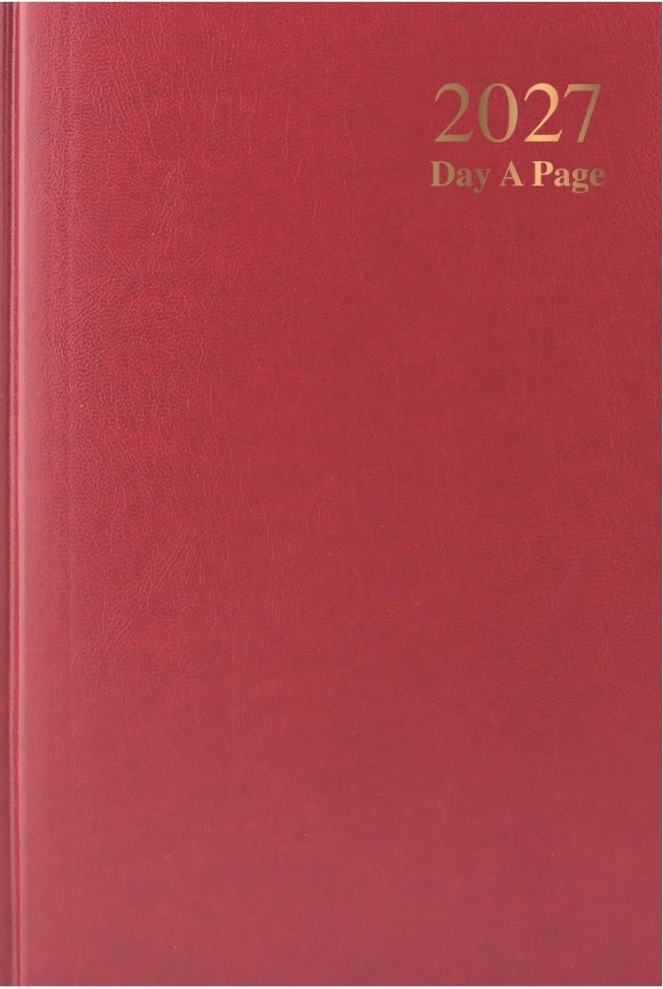 2027 A5 Day a Page Diary – Hardback Casebound Daily Planner with Ribbon Marker – UK Holidays & Notable Dates – Full Year Organiser for Home, Office, Work & Business – A5 210 x 150mm (Burgundy Red) — image 1