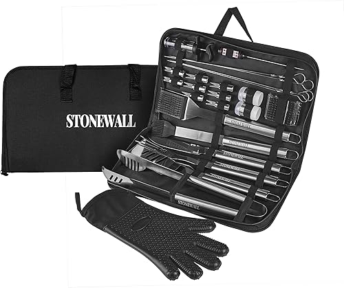 Stonewall Juego de herramientas para parrilla de barbacoa, acero inoxidable, diseño fuerte y duradero, guantes y utensilios resistentes al calor,