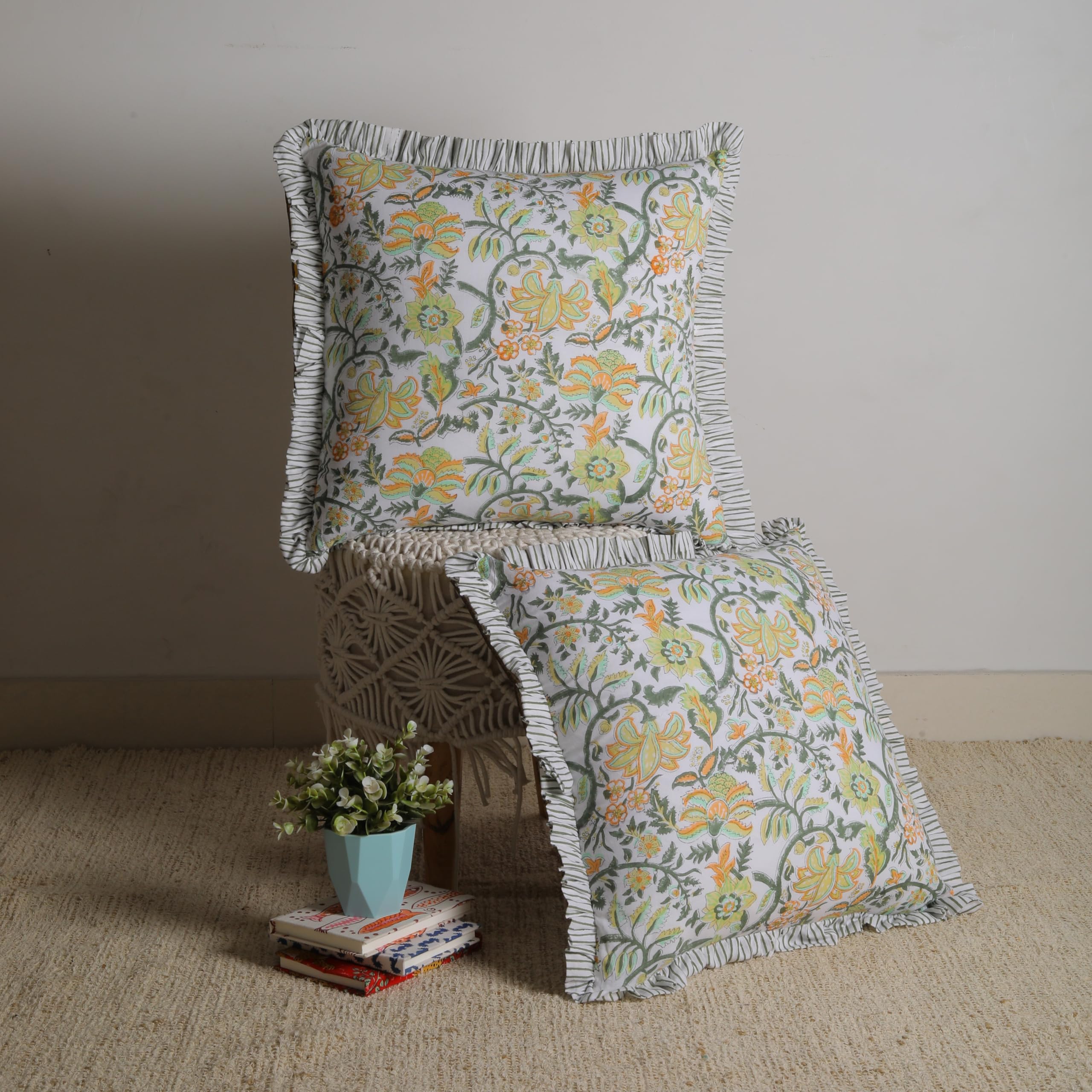Trade Star Soft Cotton Ruffle Cushion Covers Modern Handmade Reversible Farmhouse PiIlow Covers Set of 2 Hand Block