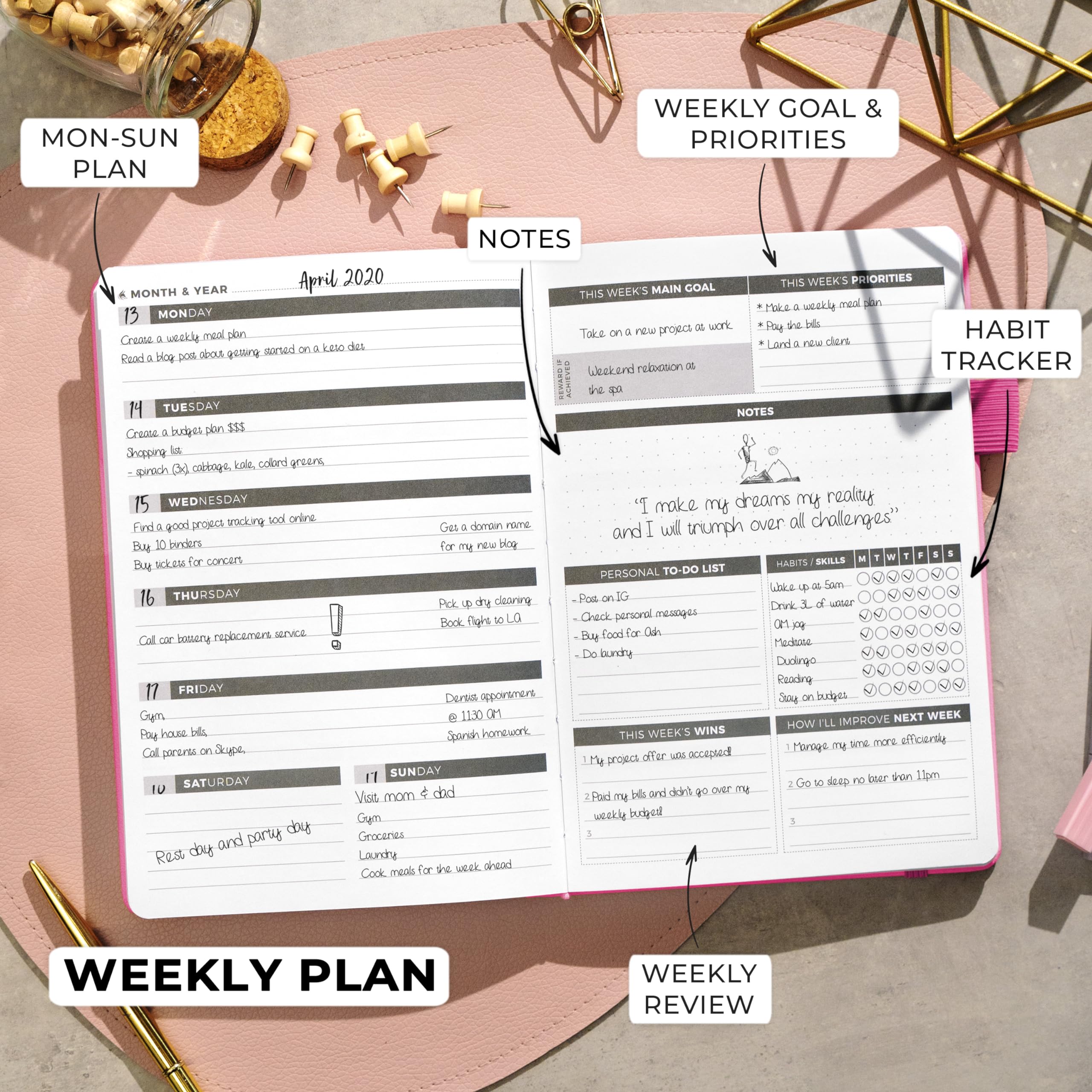 Planificador Clever Fox - Agenda Semanal Mensual Diario Para Disparar la Productividad, Motivación, Felicidad, Éxito y Lograr tus Metas - Calendario Organizador de Tareas - Rosa
