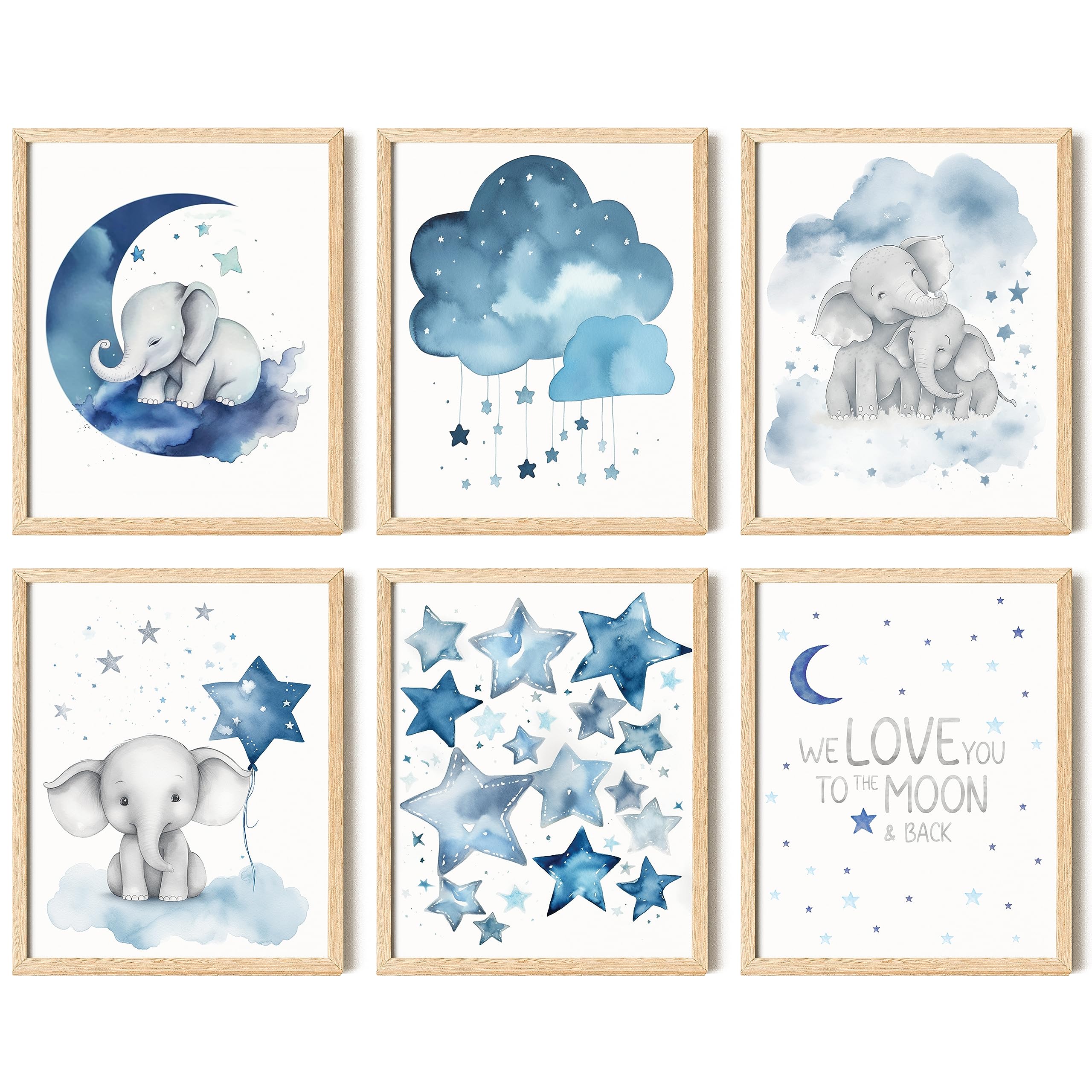 Baby Girl Elephant Nursery Decor - Baby Boy Room Decorations for Nursery Wall Decor, Blue Moon and Stars Nursery Art Prints, Cute Elephant Poster Animal Picture for Bedroom (8x10 UNFRAMED)