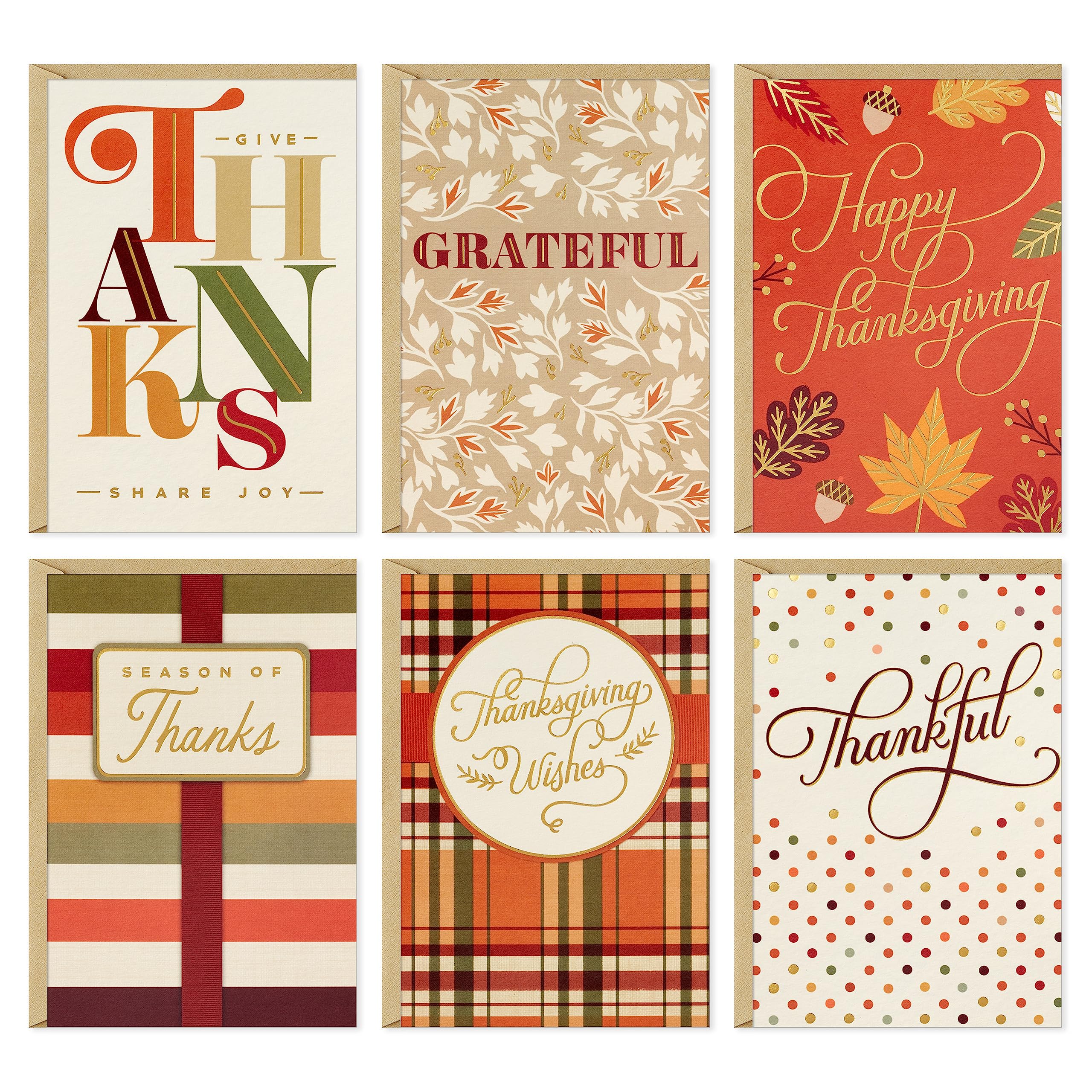 Hallmark Bulk Thanksgiving Cards Assortment (72 Cards with Envelopes) Stripes, Leaves, Plaid