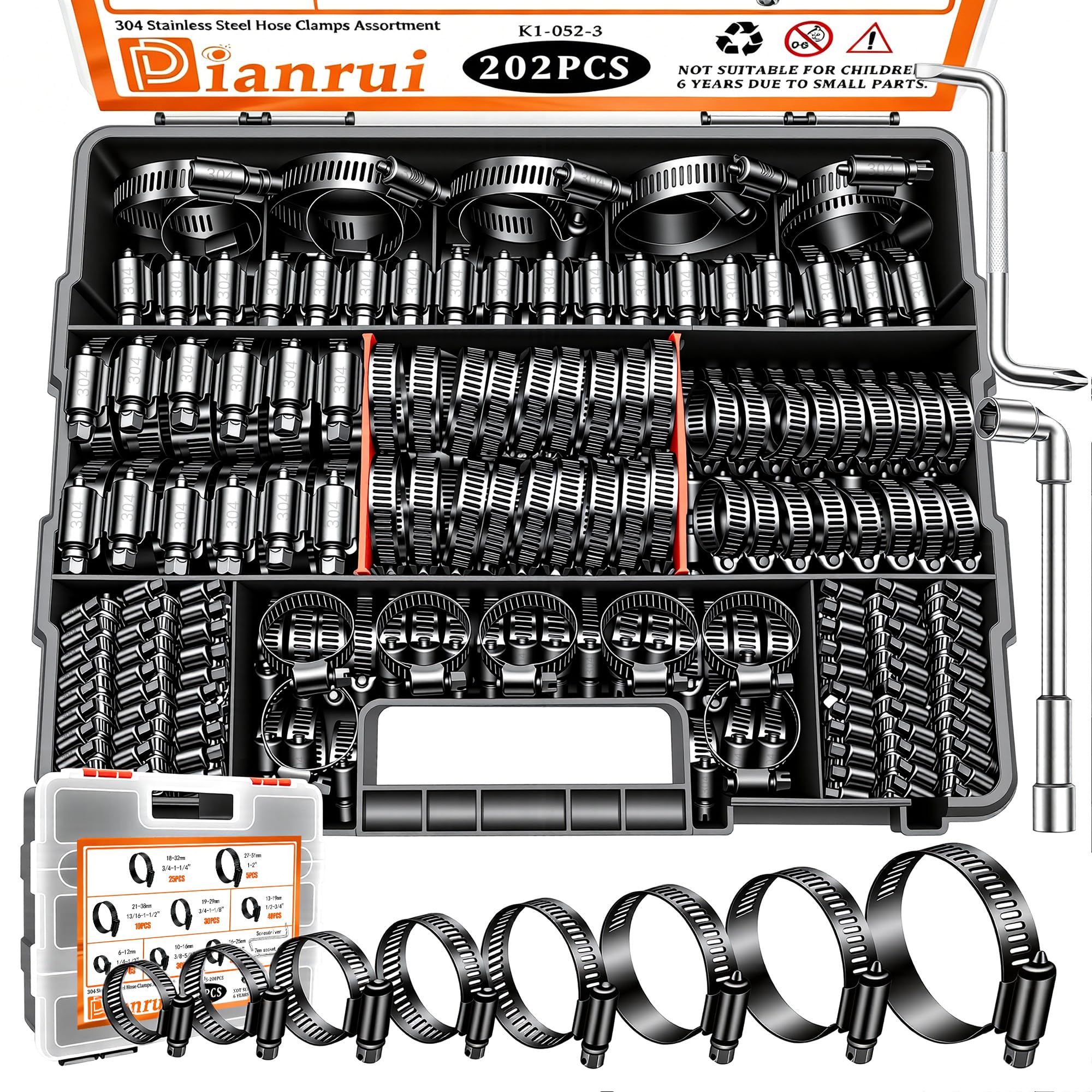 Dianrui 202 PCS Black Hose Clamp Assortment 1/4"-2"(6-51mm) 304 Stainless Steel Hose Clamp Kit, Worm Gear Hose Clamps Heavy Duty for Plumbing/Tube/Automo