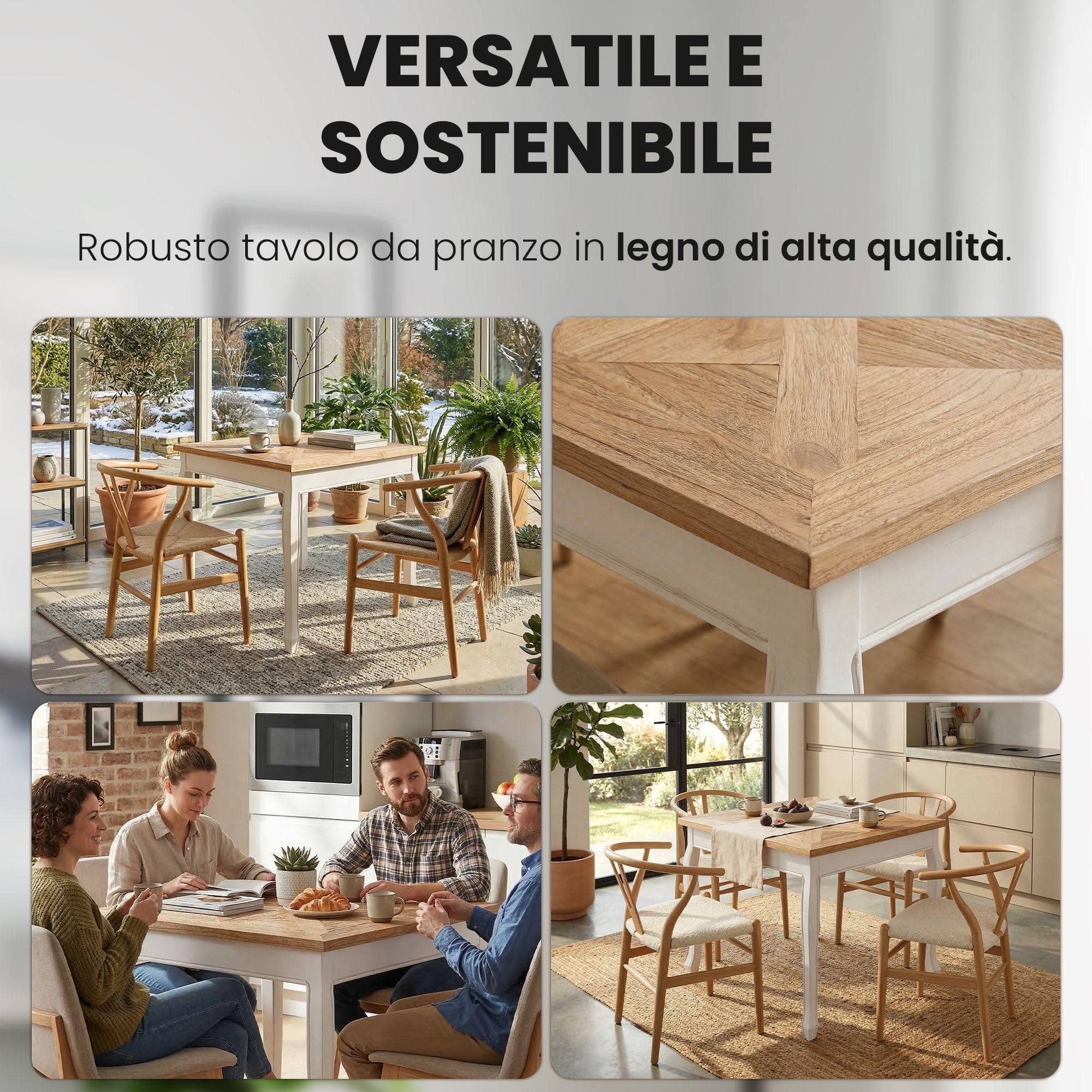 CLP Tavolo da pranzo quadrato 80 x 80 cm Lindon, tavolo da cucina stile country, piano quadrato in legno massello di olmo, gambe Shabby Chic | Colore natura/bianco