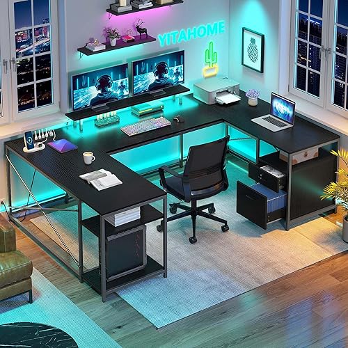 YITAHOME U Shaped Desk with Power Outlets & LED Lights, 79" Reversible L Shaped Desk with Drawers, Corner Computer Desk Office Desk with Monitor Stand & Storage Shelves, Black
