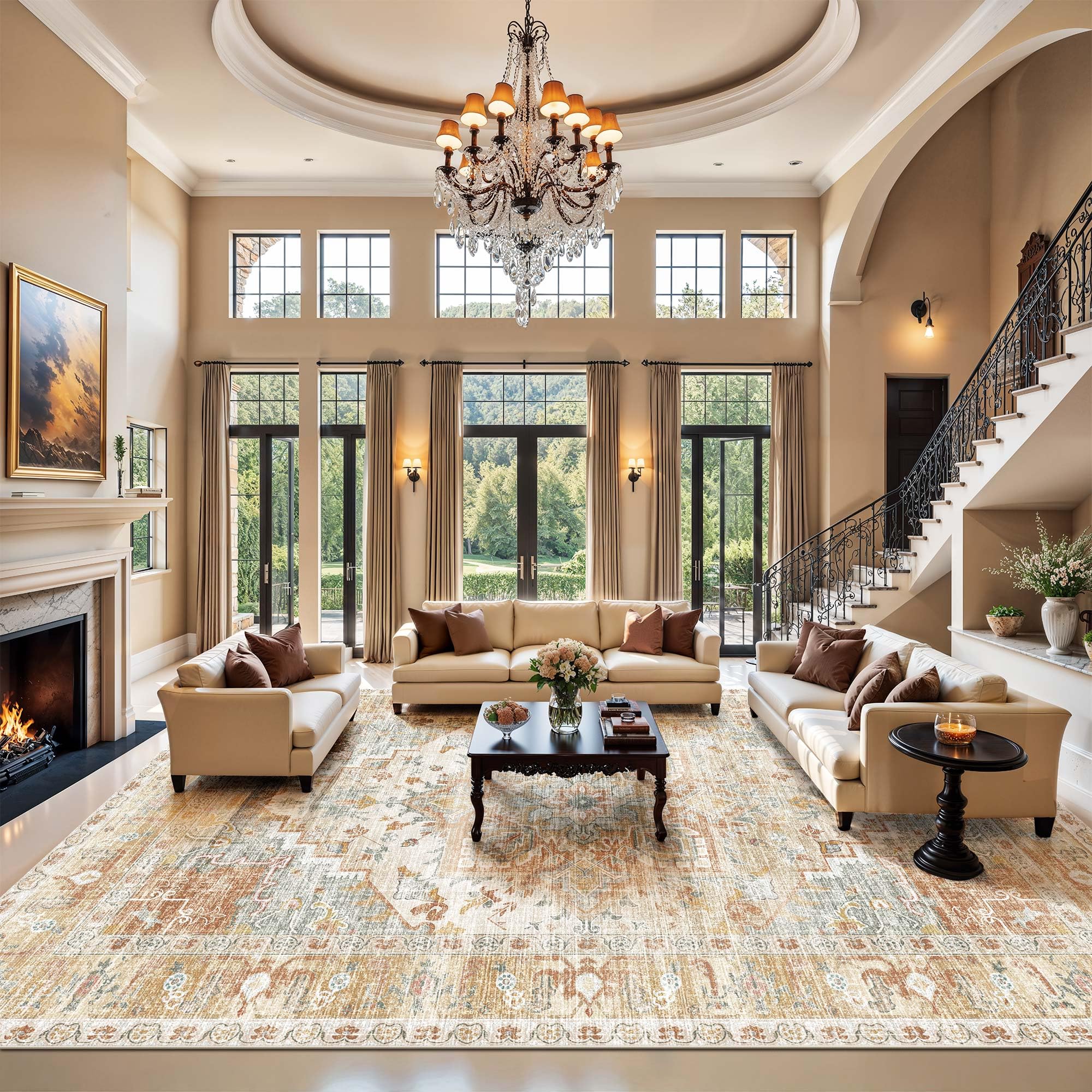 Kokia Washable Area Rugs 10x14 Living Room Boho Non Slip Thin Carpet Stain Resistant Vintage Orange Printed Oriental Distressed Rug for Bedroom Low