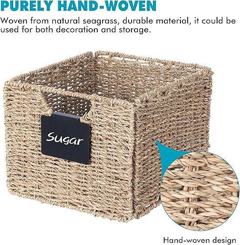 Miniatura 6 de Seagrass Storage Baskets with Labels, 10.5x9x7.5in Wicker Storage Basket, Storage Baskets for Shelves Set of 3, Pantry Baskets Organization,Kitchen