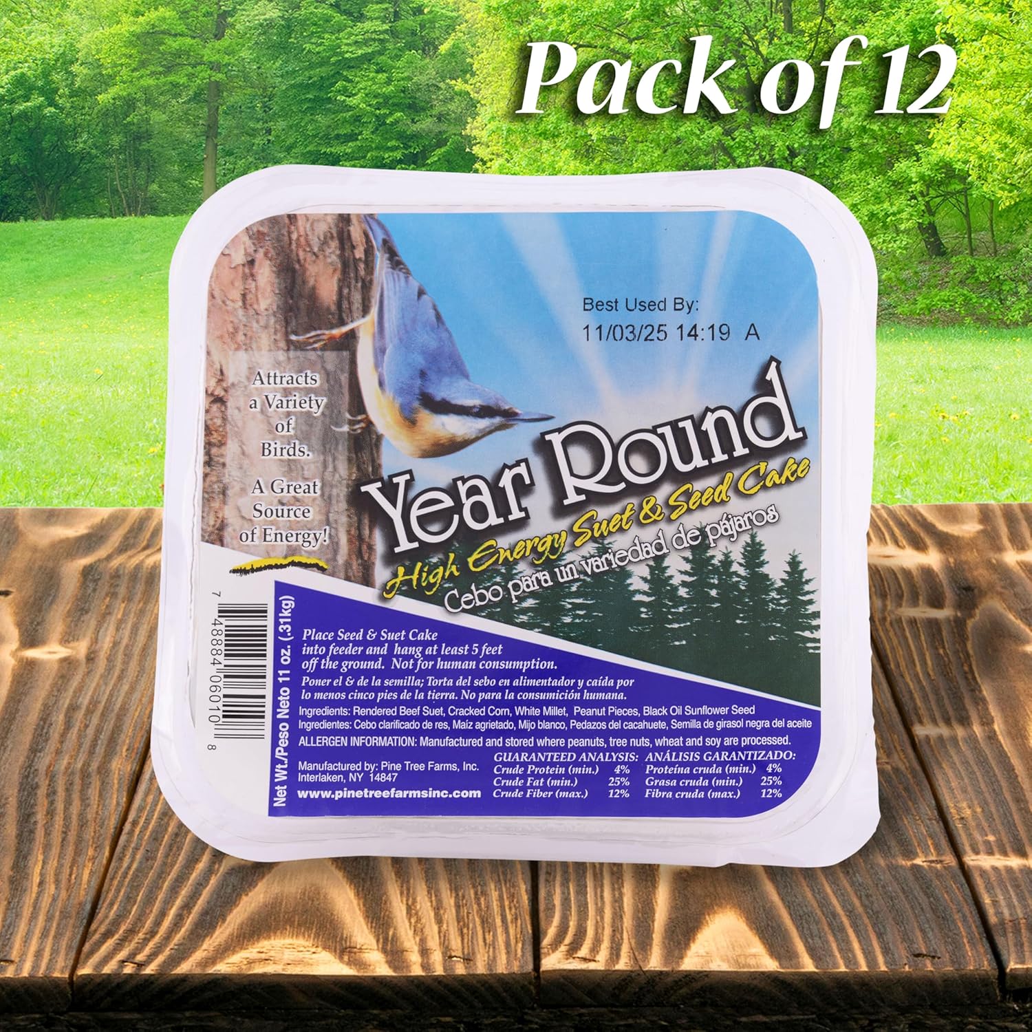 BestNest 12 Pack Pine Tree Farms Year Round Hi-Energy Suet Cakes, 11 oz Each | Bird Food with Seeds & Nuts | Fits Standard Suet Feeders | All-Season Nutrition for Woodpeckers, Bluebirds & More