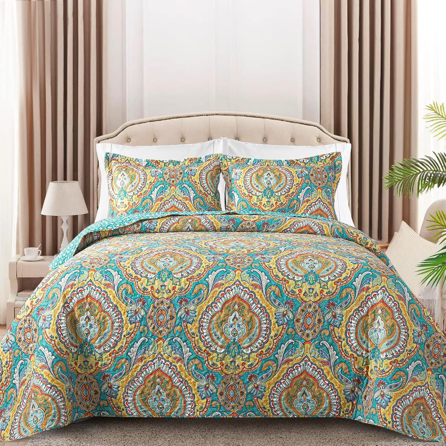 BEDIFANY Queen Size Quilt Bedding Set - Boho Lightweight Queen Size Bedspreads (90 * 98 Inch) - Floral Quilts Coverlet for All Seasons, 3 Pieces