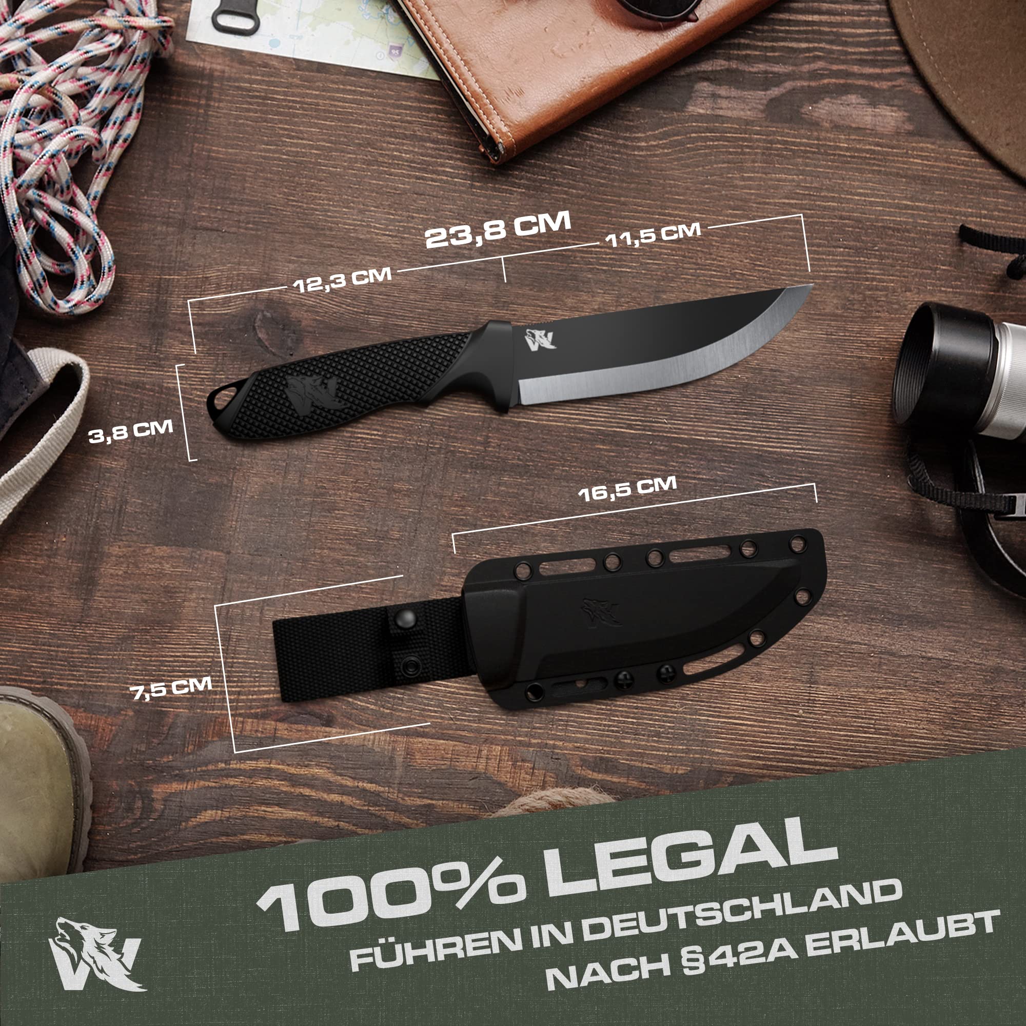ODENWOLF W-SCANDI Angelmesser mit feststehende Klinge - Inkl. Scheide - Ideales Outdoor-Messer aus einem Stück D2 Stahl gefertigt - Premium Survival Messer - Perfektes Bushcraft Messer Outdoor