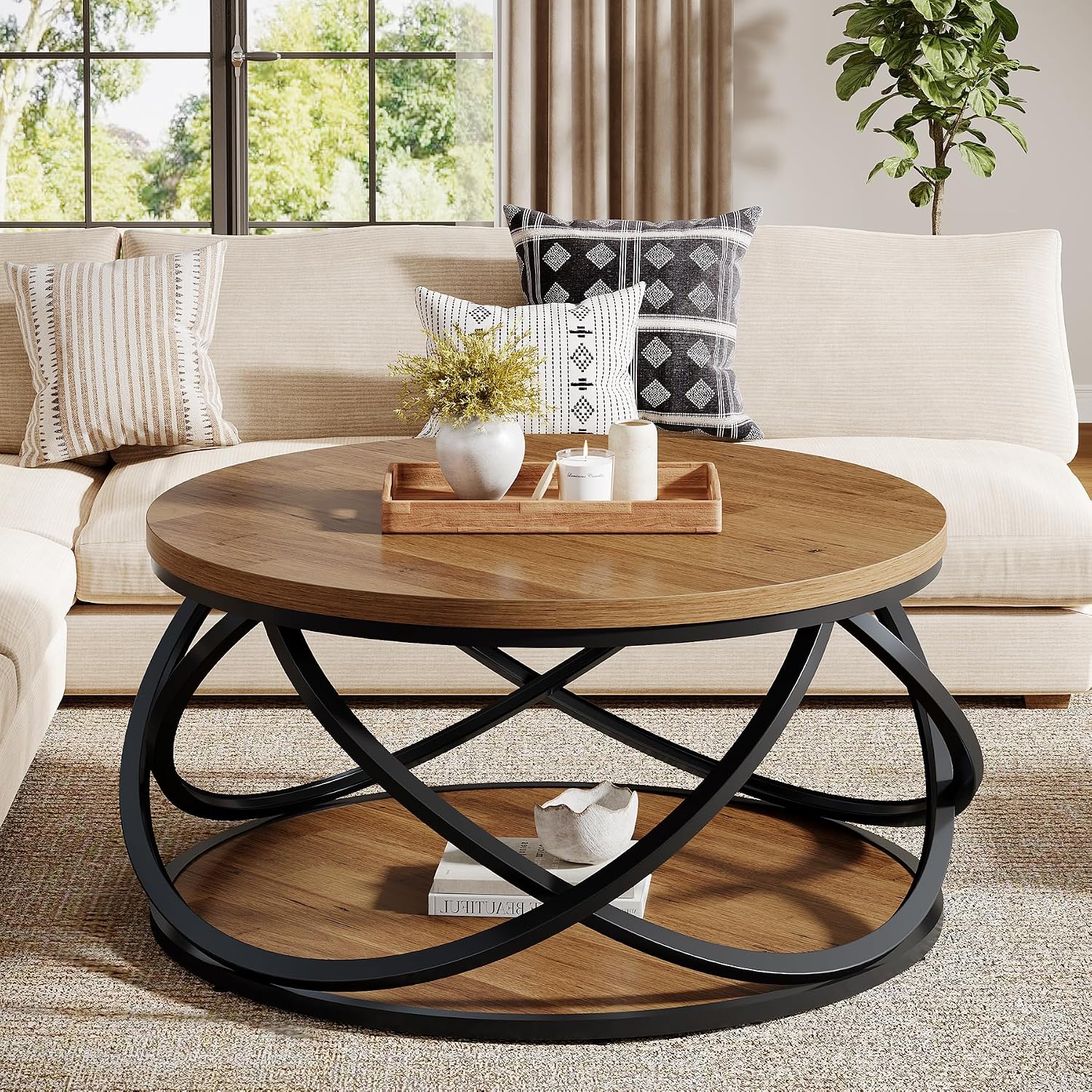 Tribesigns 2-Tier Round Coffee Table, 31.5" Circle Center Table, Wood Grain Accent Table with Storage Shelf and Cross Metal Frame for Living Room, Small Space, Rustic Brown