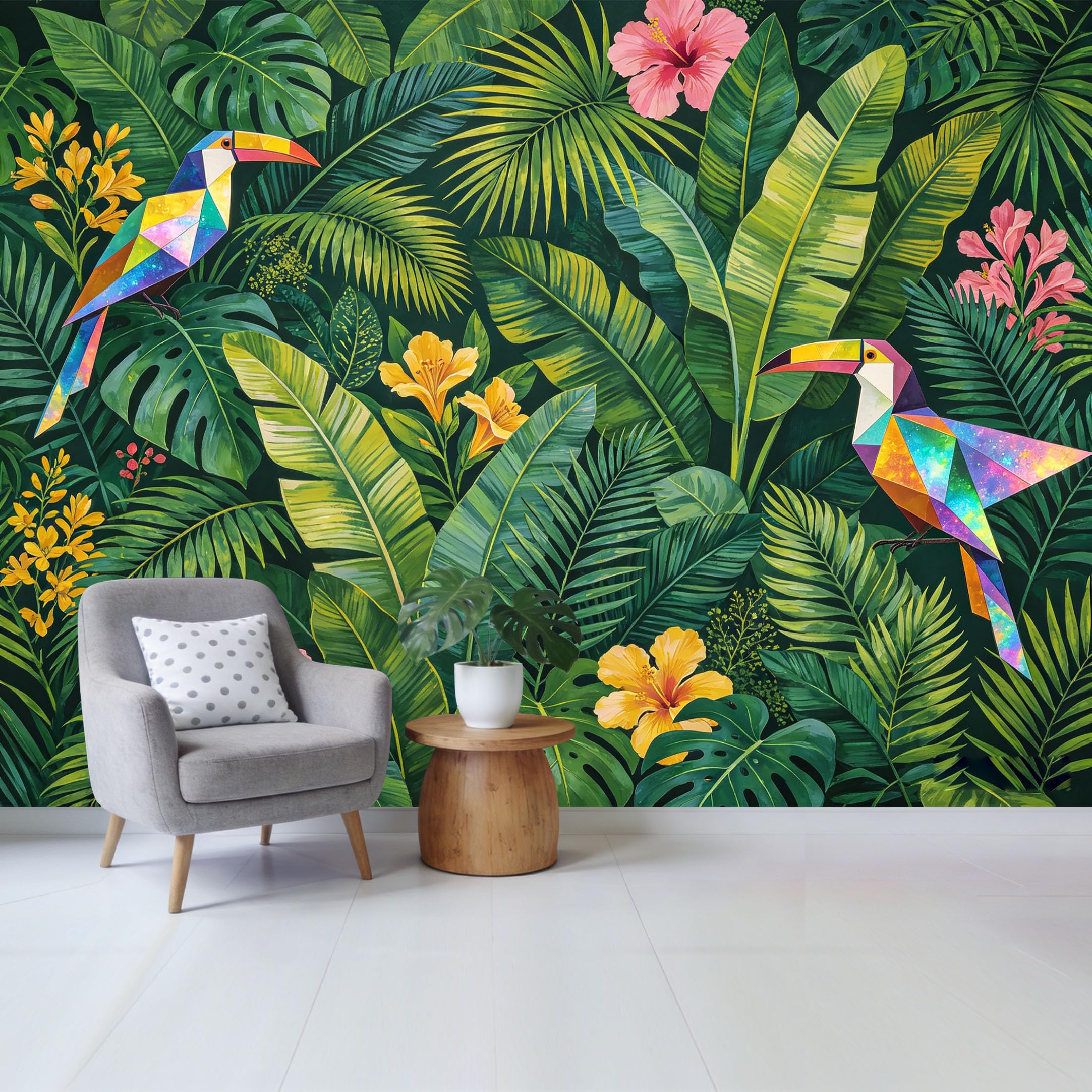 Qzlithotic Yq2605250683 Custom Size Wall Mural Geometric Toucan Tropical Botanical Jungle Foliage Vibrant Hibiscus Flowers Selfadhesive Wall Fabric Removable Wallpaper For Home Office Decor