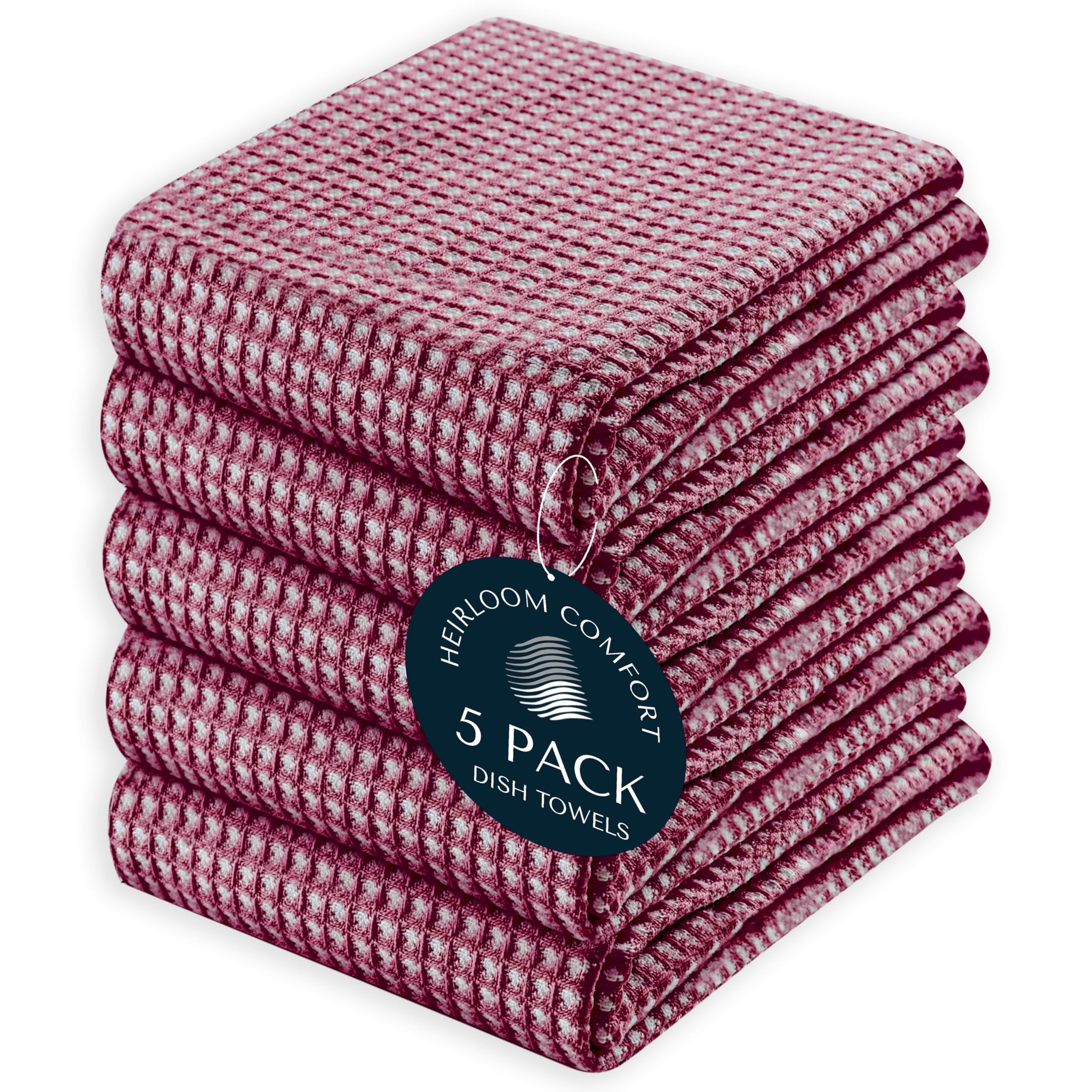 HEIRLOOM COMFORT Dual Tone Waffle Weave Kitchen Towels with Hanging Loop, 5 Pack, 100% Cotton, 40x66 cm, Super Absorbent, Fast Drying Reversible Dishcloth Set, Soft for Cleaning, Durable, Burgundy