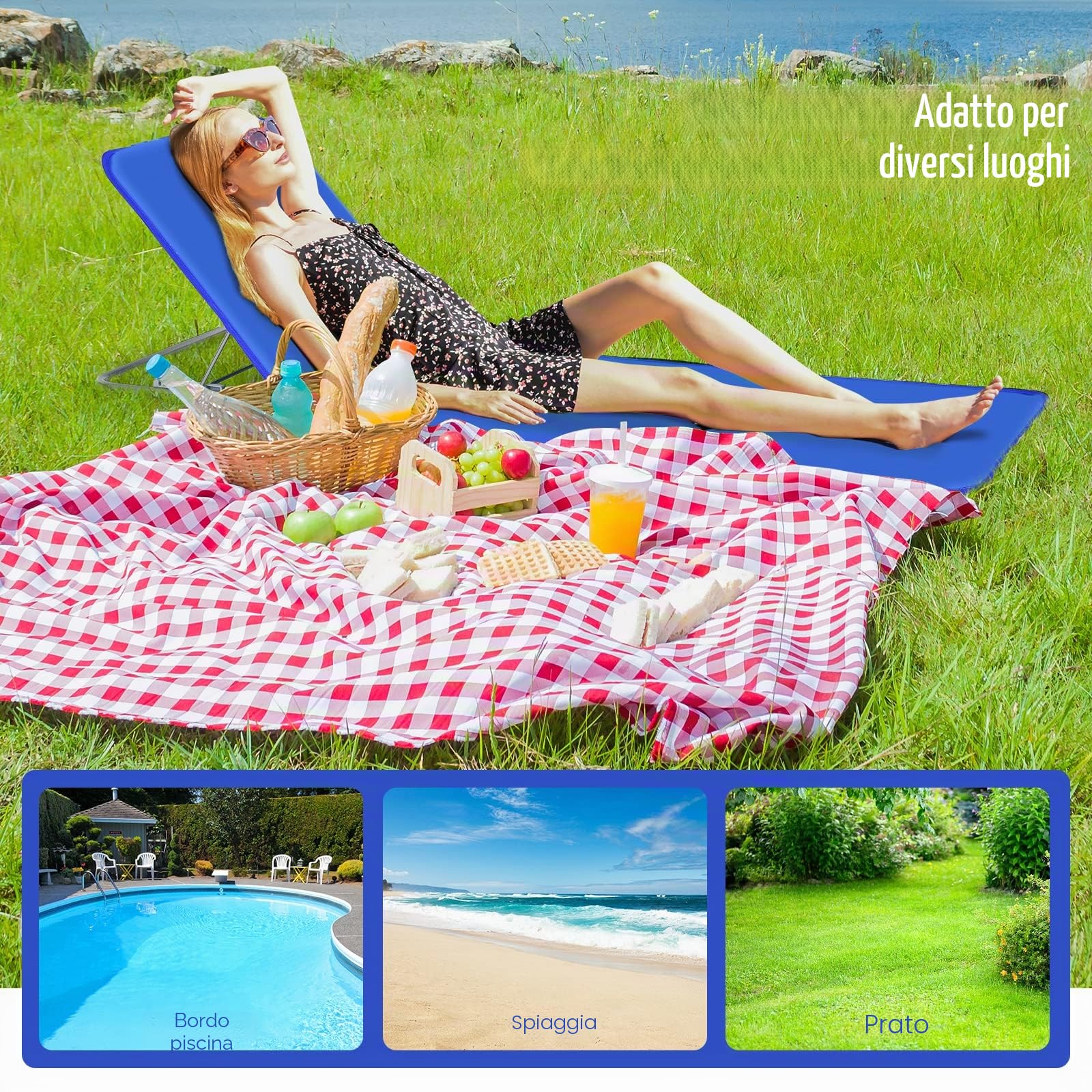 GIANTEX Set di 2 Materassi da Spiaggia Pieghevoli e Tavolino, Sedie a Sdraio da Spiaggia Regolabili in 5 Posizioni con Poggiatesta Rimovibile, Tasca per Giardino, Campeggio (Blu)