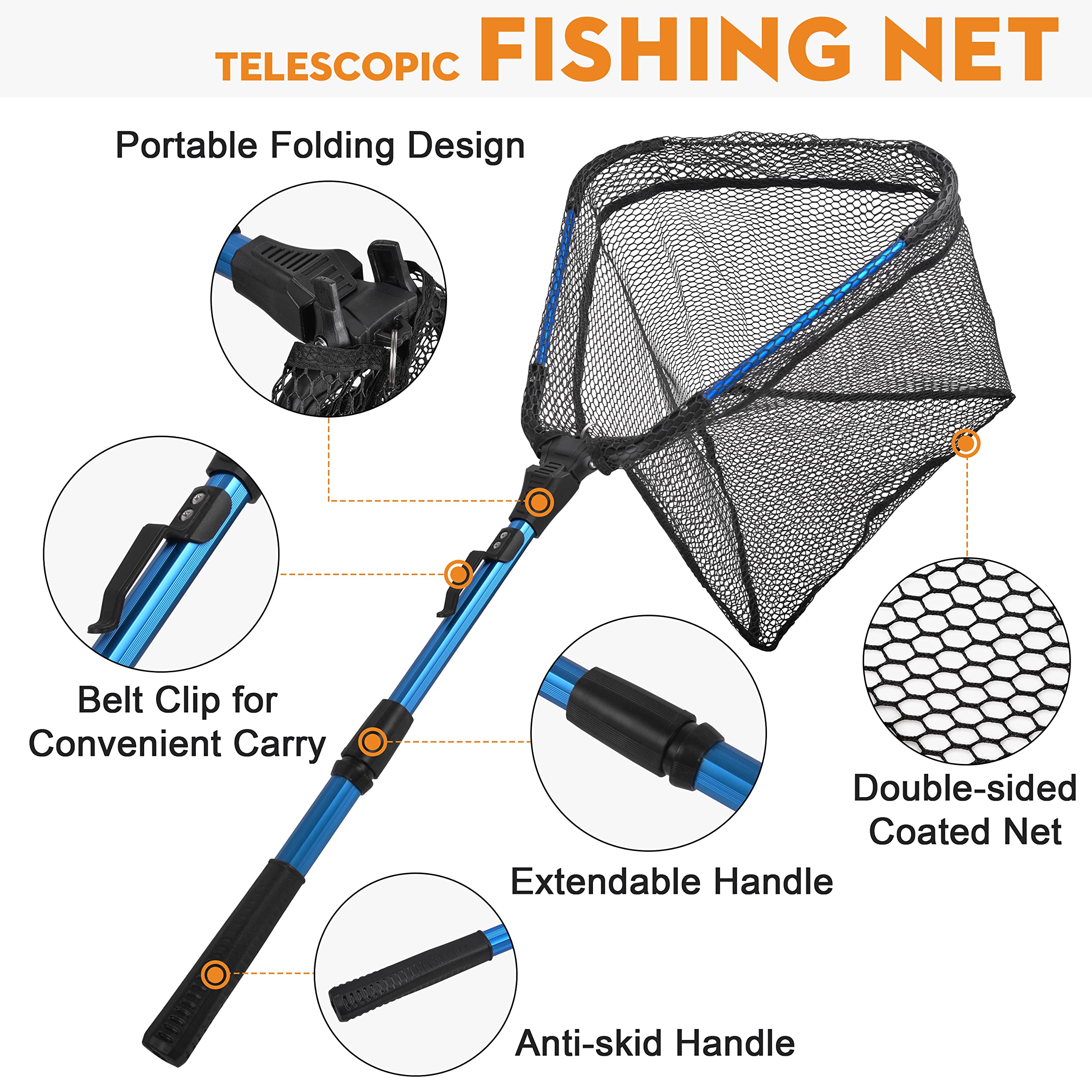 Épuisette de pêche Pliable télescopique légère et Portable pour pêche à la Truite Steelhead, Saumon, Poisson-Chat, Bar, Truite