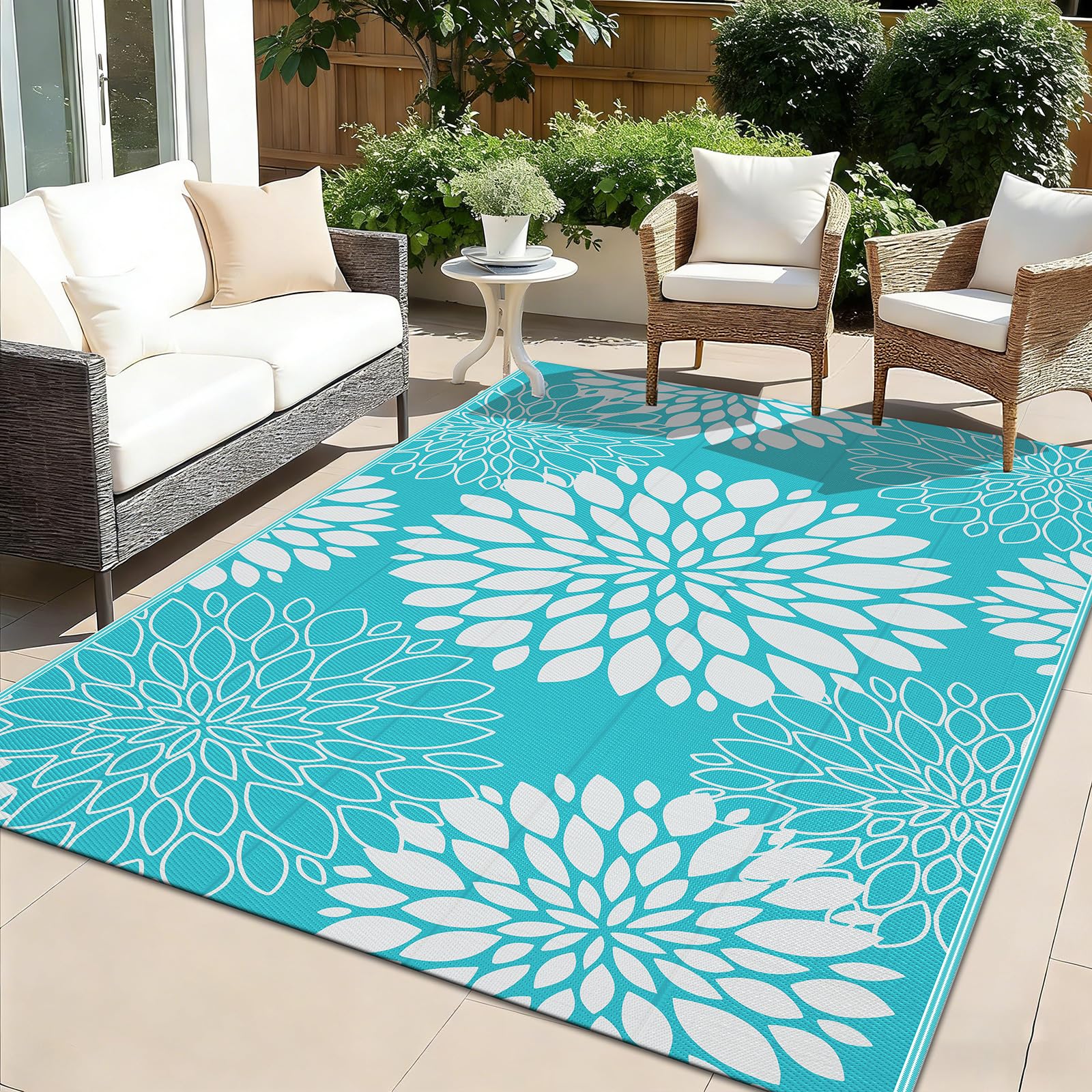 Ileading Waterproof Plastic Outdoor Rug 5x8 Ft Reversible Geometric Patio Rugs Portable Rv Camping Rug Boho Indoor Outside Area Rug for Porch, Backyard, Deck, Balcony, Pool, Beach, Picnic, Teal-image-32