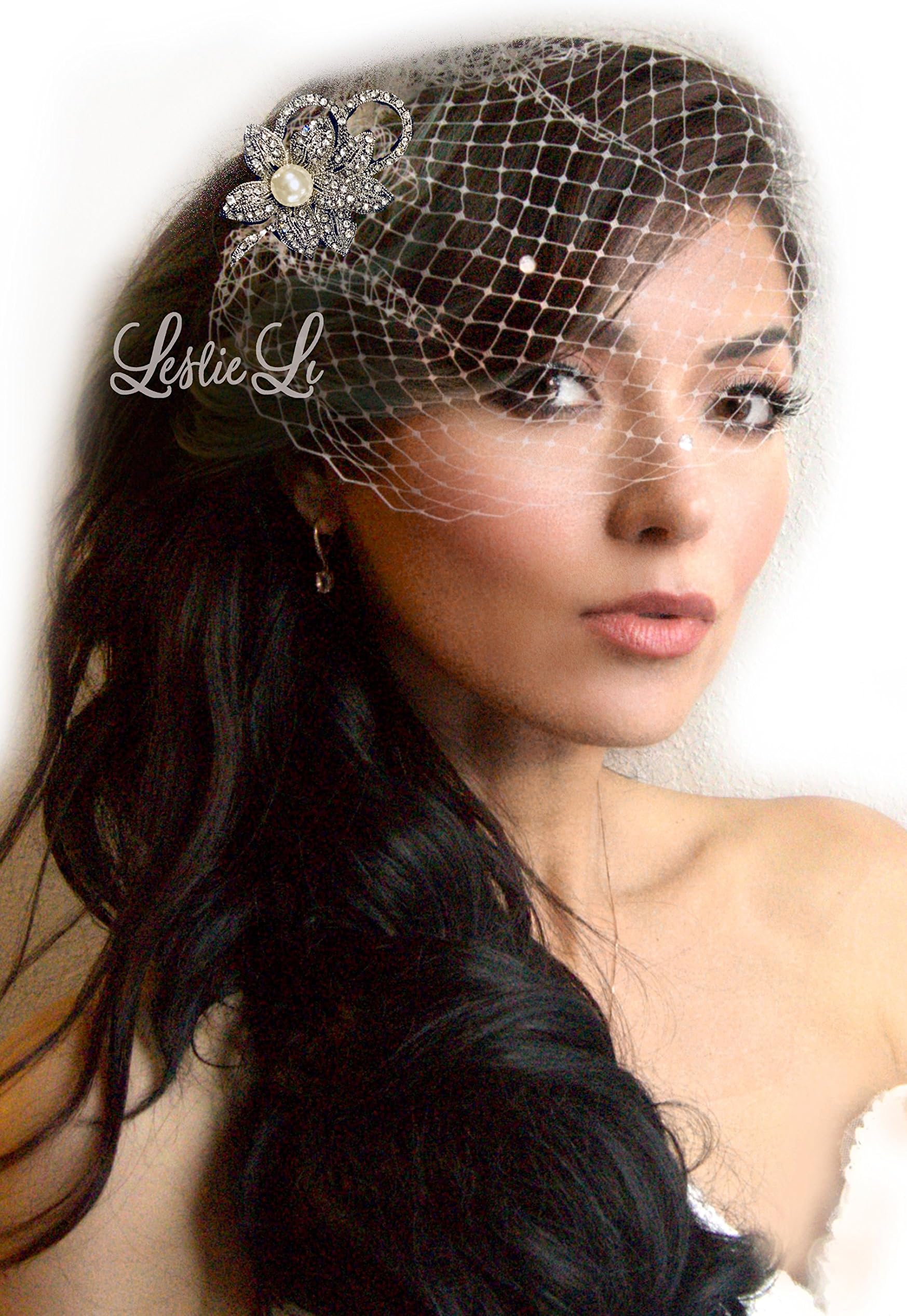 Leslie Li Women's Petite Bridal Birdcage Veil & Crystal Pearl Vintage Style Brooch One Size White/Silver 27-537