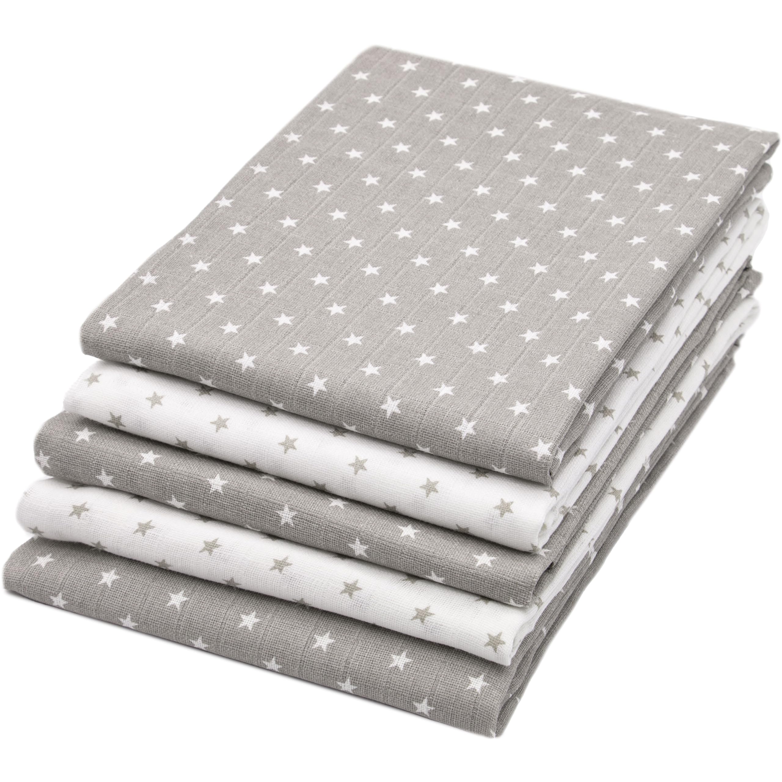 ZOLLNER 5 Mussole per neonato 80x80 cm - 100% cotone - 3 grigie design a stelle bianche e 2 bianche con design a stelle grigie - lavabili a 60°C - pannolino di stoffa - Certificato OEKO TEX (R)