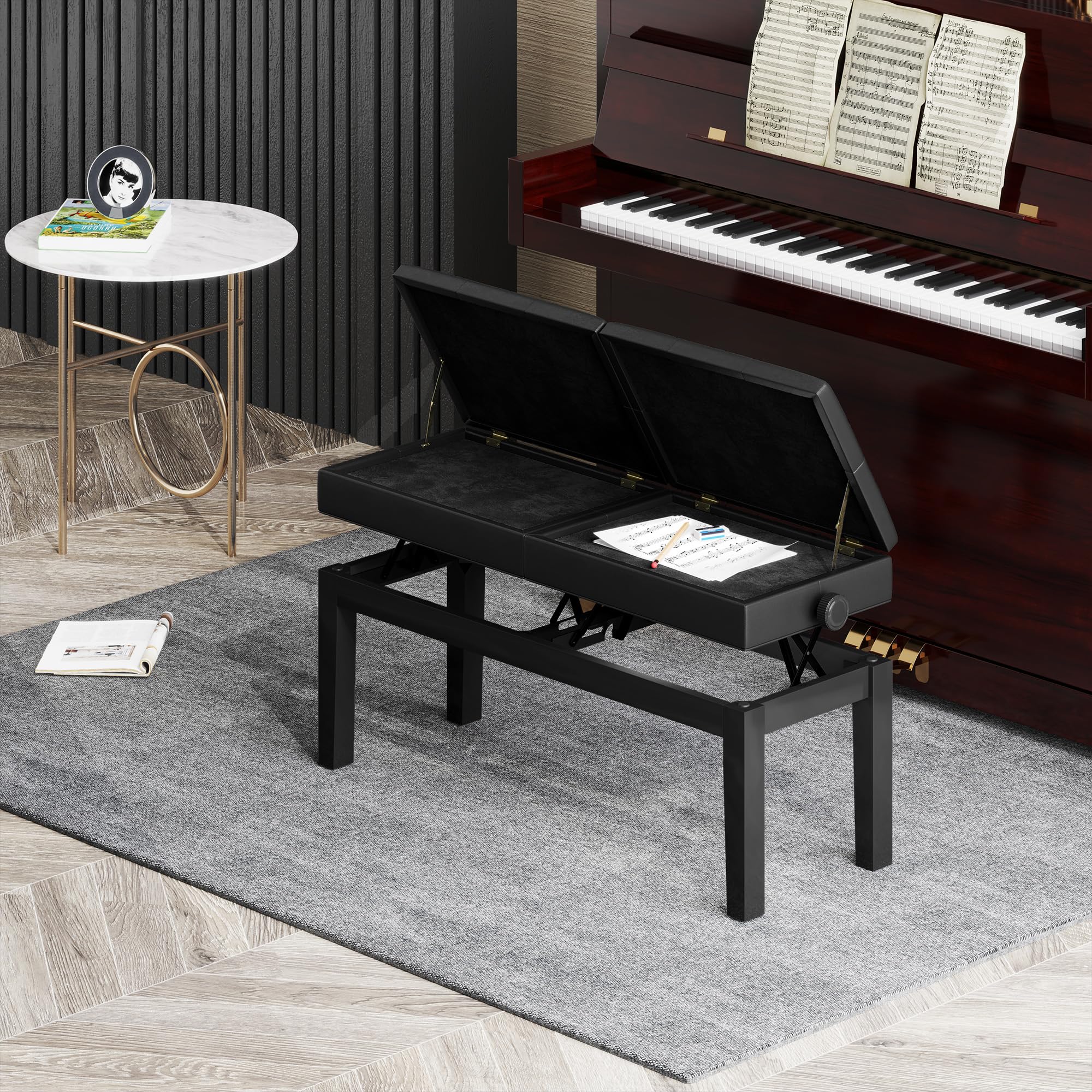 HOMCOM Banc de Piano réglable en Hauteur, Tabouret de Piano avec Rangement, Banquette pour Clavier capitonné, Pieds en Bois d'hévéa, Noir