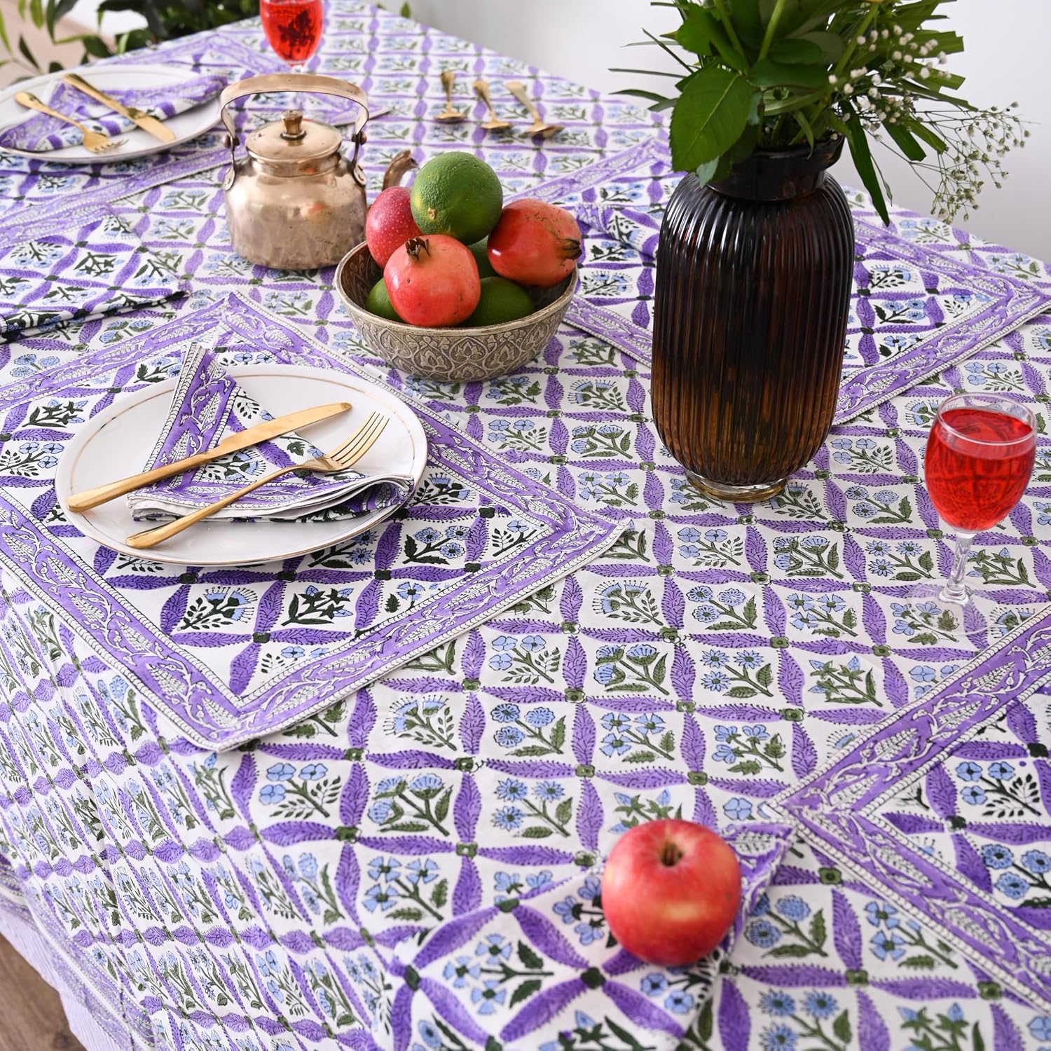 Hand Block Printed Tablecloth – Colorful Floral Print | 100% Cotton | Indian Artisan Handmade Art | Dining Room, Kitchen, Outdoor Décor, (Royal Purple Flora, 60 x 60 Inches Square) image 4