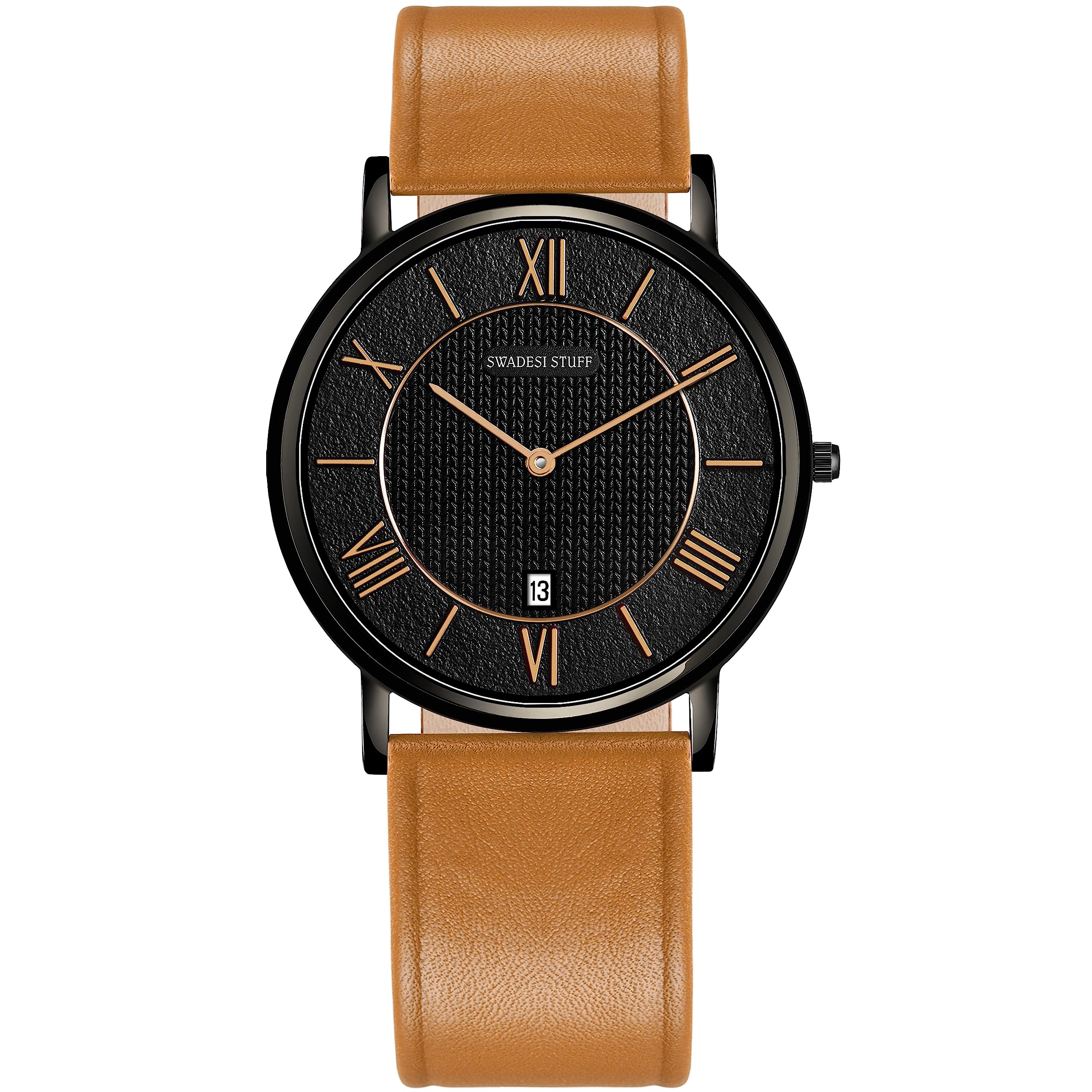 SWADESI STUFF Gallant Knight Black Date Dial Premium & Luxurious Brown Genuine Leather Strap Analog Watch for Men (B0C77VHSNJ) Amazon Price History, Amazon Price Tracker