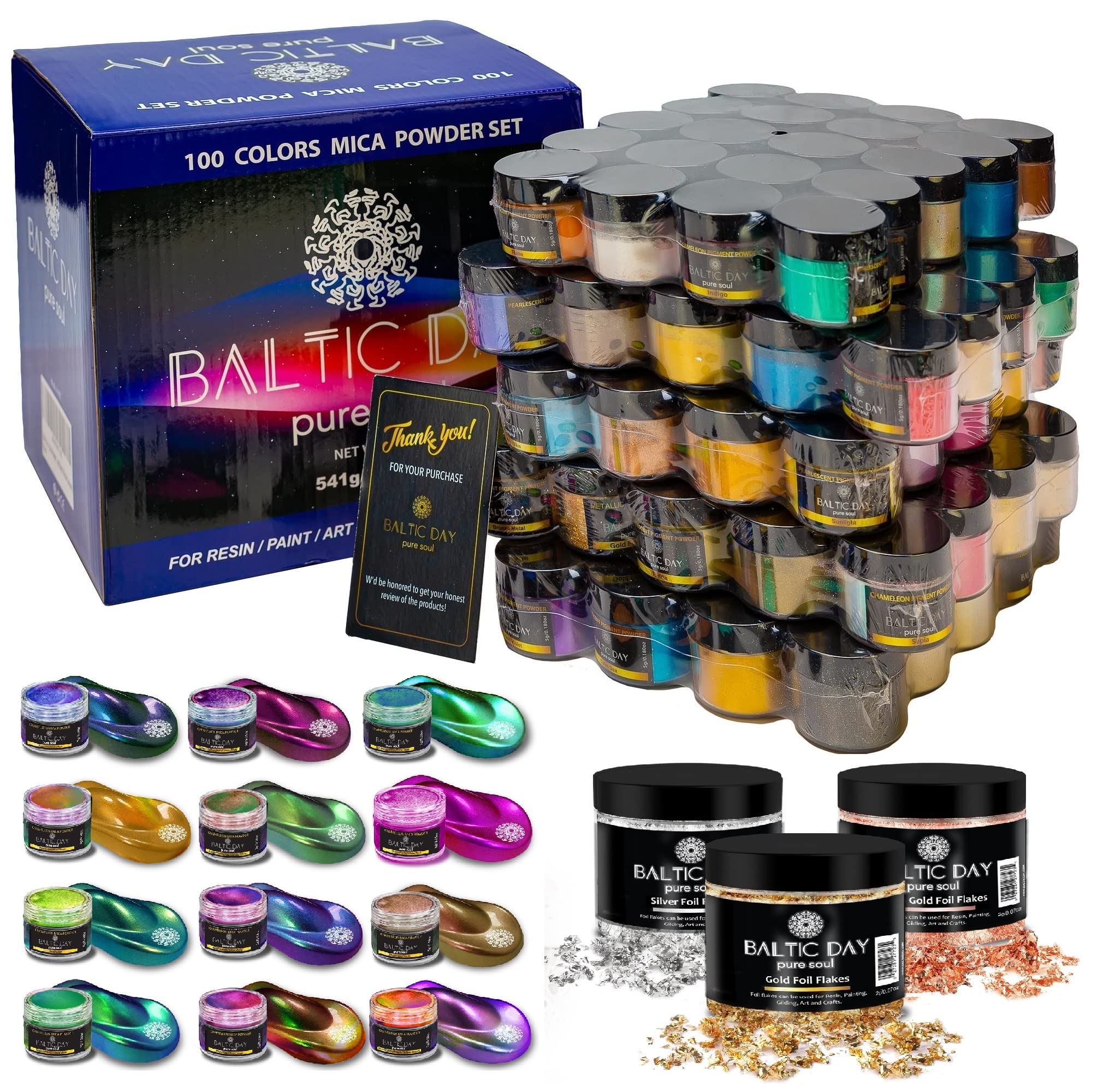 Baltic Day - Mica Powder - 100 Jars of Mica Pigments (19.08oz) Set | 10 Colors Chameleon Powder [10g Jars] - Pigments for Epoxy Resin, Paint, Dye - Mica for Soap Making, Candle, Nails, Bath Bomb, Clay