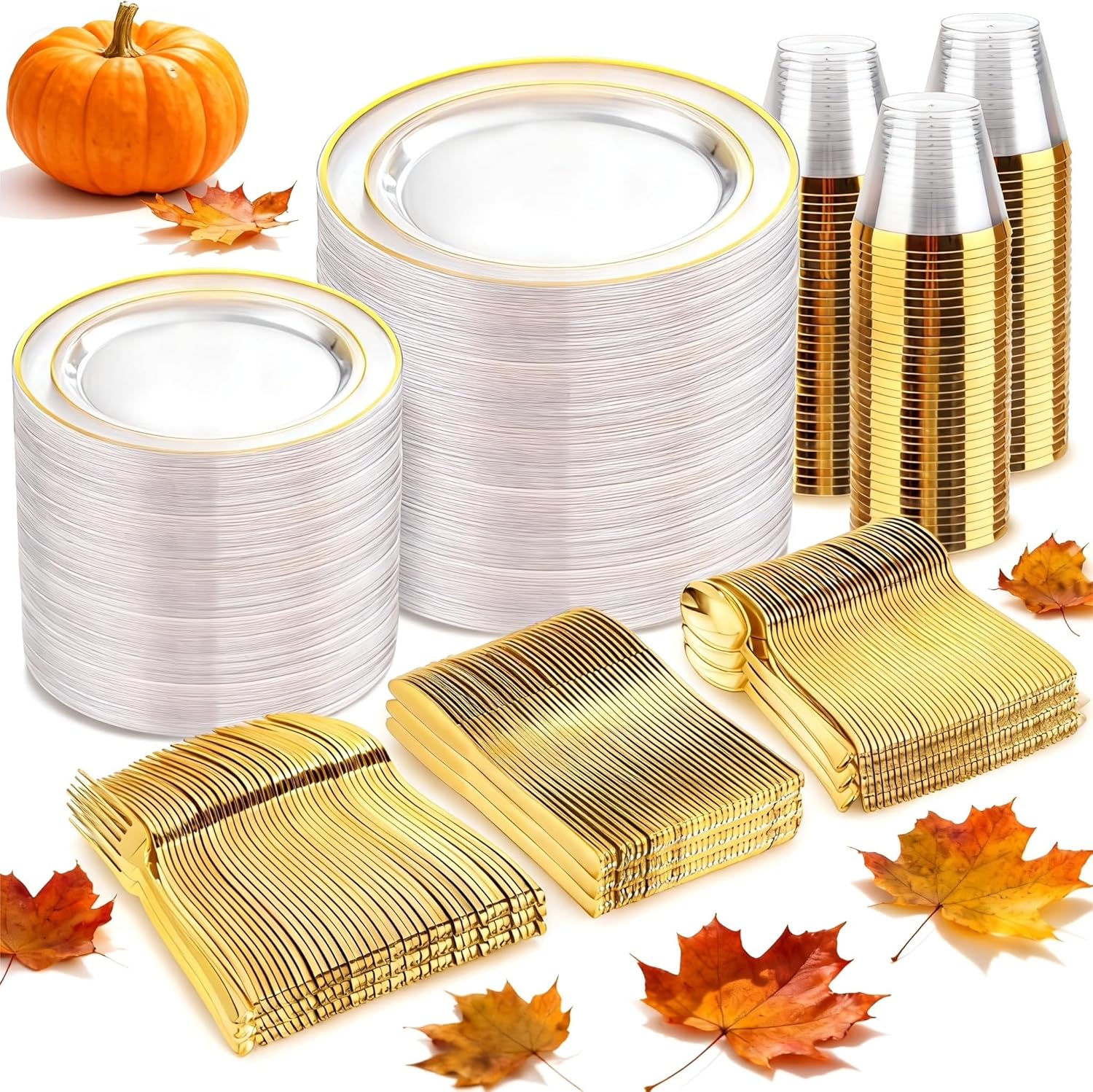 bUCLA 600PCS Clear Plates with Gold Trim - Clear Gold Dinnerware Set Disposable Include 100 Dinner/100 Dessert Plates, 100 Knives, 100 Forks, 100 Spoons, 100 Cups for Wedding, Party & Thanksgiving 100 Guests Clear Gold