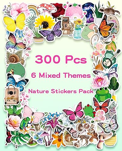Miniatura 2 de AOWDIAO Paquete de 300 calcomanías de naturaleza, 6 temas mixtos, de vinilo, impermeables, calcomanías para botellas de agua, laptop, teléfono,