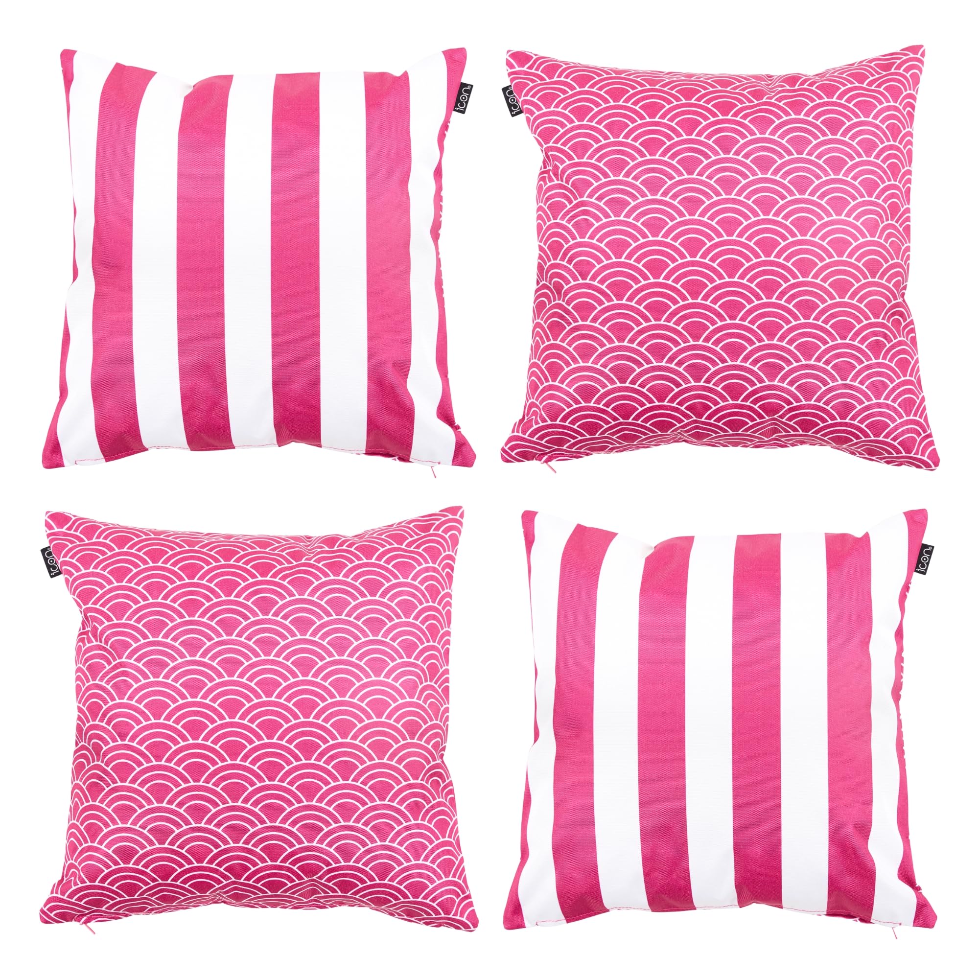 Bean Bag Bazaar Pink Outdoor Cushions Filled, Stripe Collection, Reversible Print, Set Of 4, 43Cm X 43Cm, Water Resistant, Outdoor Cushions For Garden Furniture, Garden, Patio