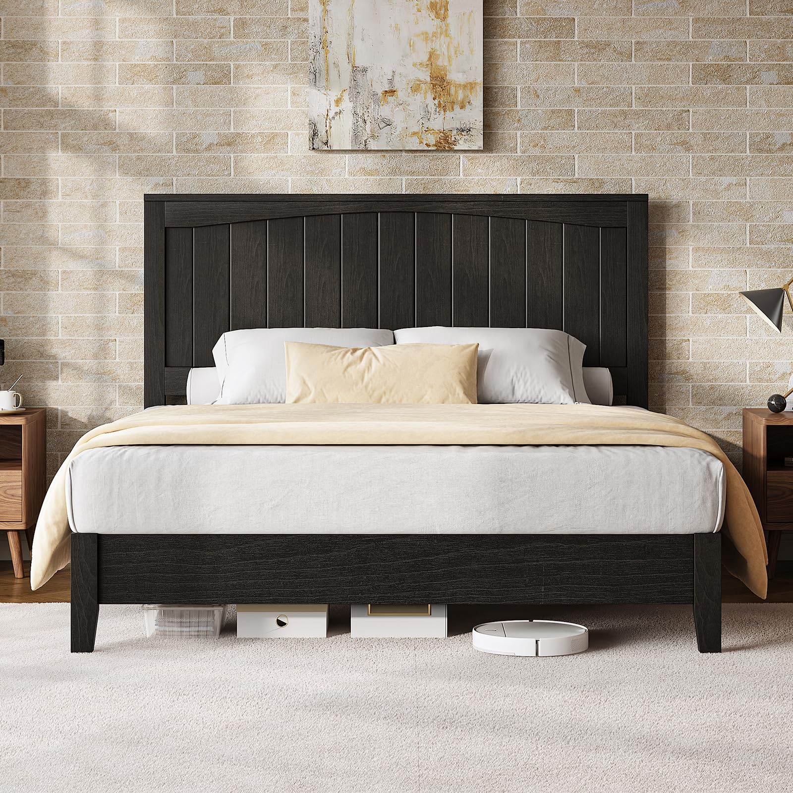 Wooden Queen Size Bed Frame – Leather Upholstered Headboard, Four Poster Platform Bed, No Box Spring Needed