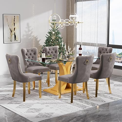 Miniatura 39 de Juego de mesa de comedor moderno de vidrio para 4, mesa de 160 cm de vidrio templado con base dorada estética y 4 sillas de comedor lujosas azules y