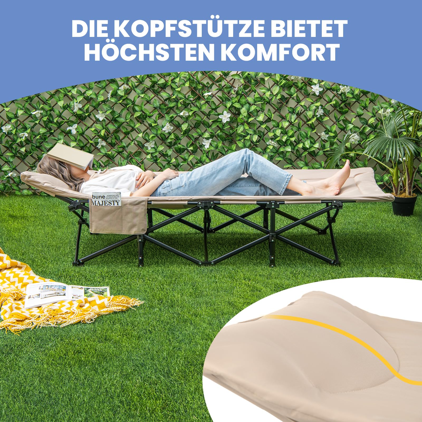COSTWAY Comfortabel Veldbed Met Kussen En Matras – Inklapbaar Campingbed Tot 200 Kg Met Zijzak En Draagtas