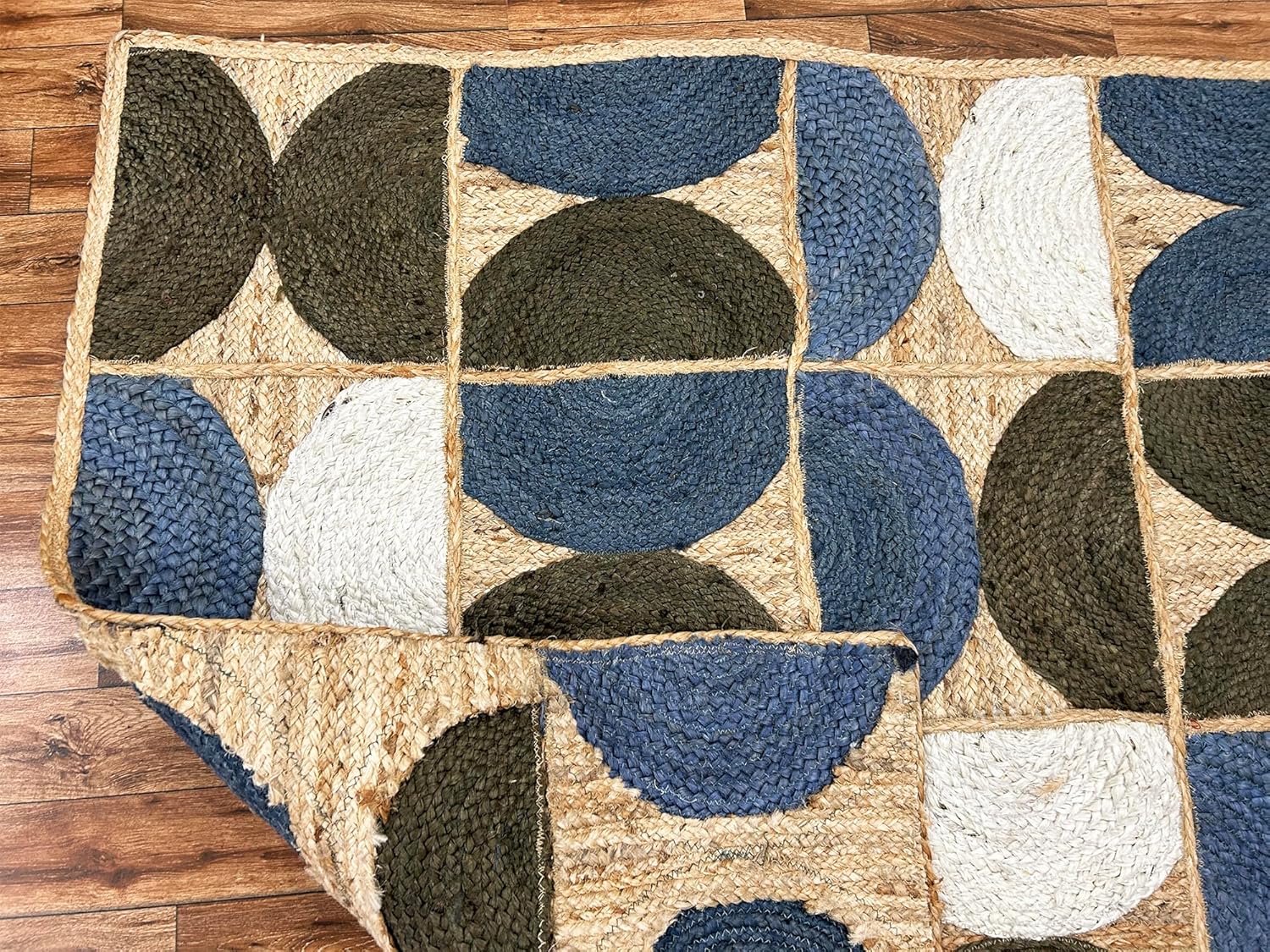 Heavy Material Handmade Jute Area Rug Natural Jute Kilim Rug 10x18 Thick 0.27" Geometric Blue & White Half-Moon Rugs for Living Room, Kids Room, Indoor Outdoor Carpet
