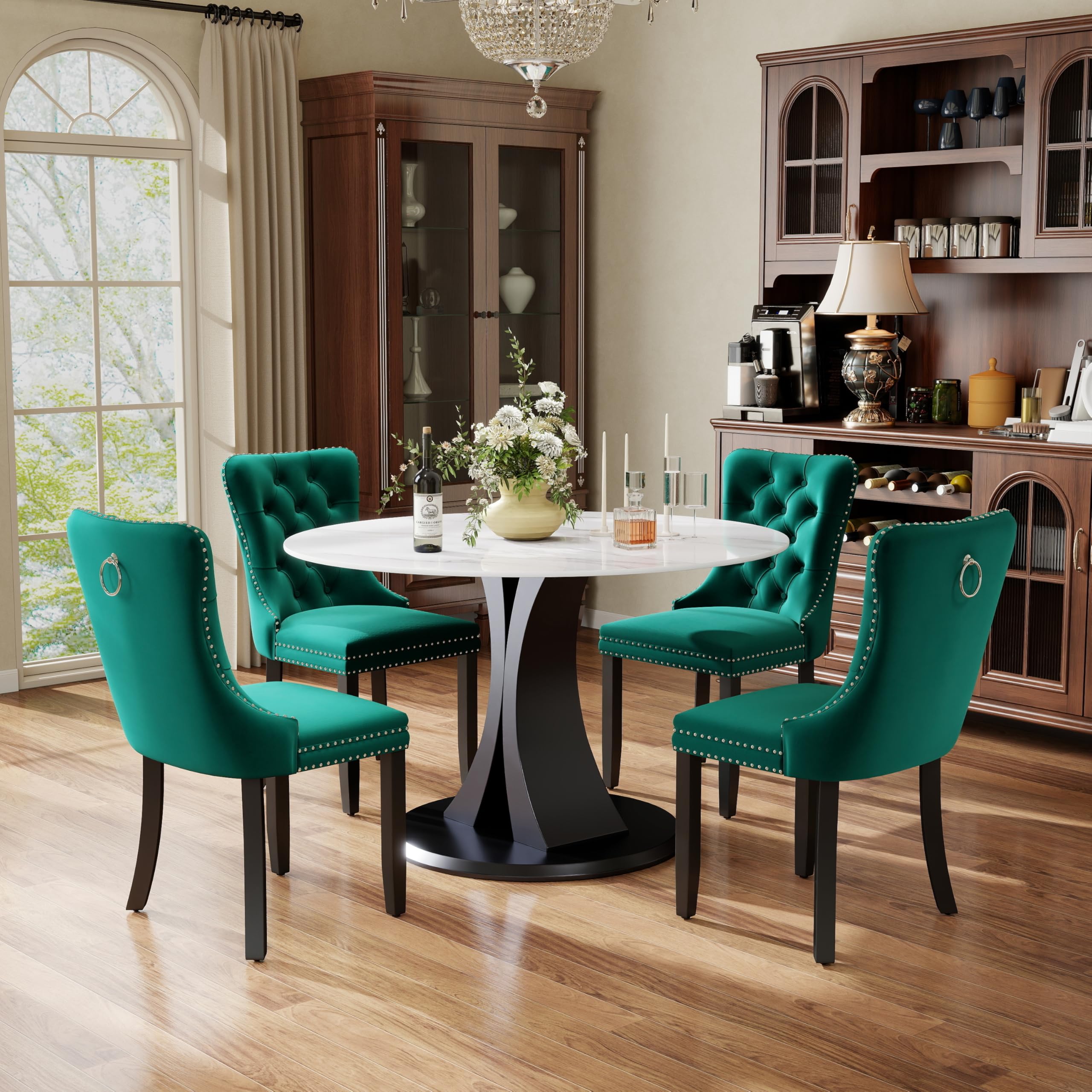 5-Piece Dining Table Set with 39In Faux Marble Table and 4 Velvet Upholstered Chairs, Modern Scandinavian Furniture for Dining Room Kitchen(Green)