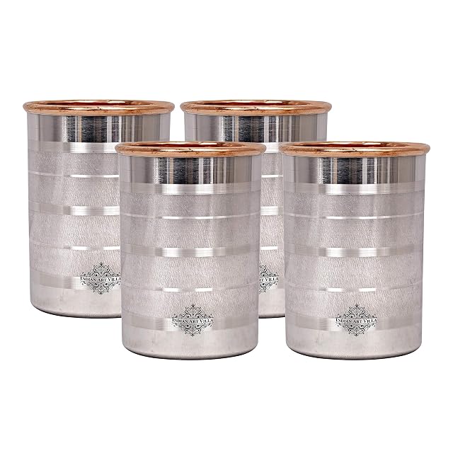 IndianArtVilla Steel Copper Glass tumbler Drinkware Tableware Maintainance Free Design 8 OZ Set of 4