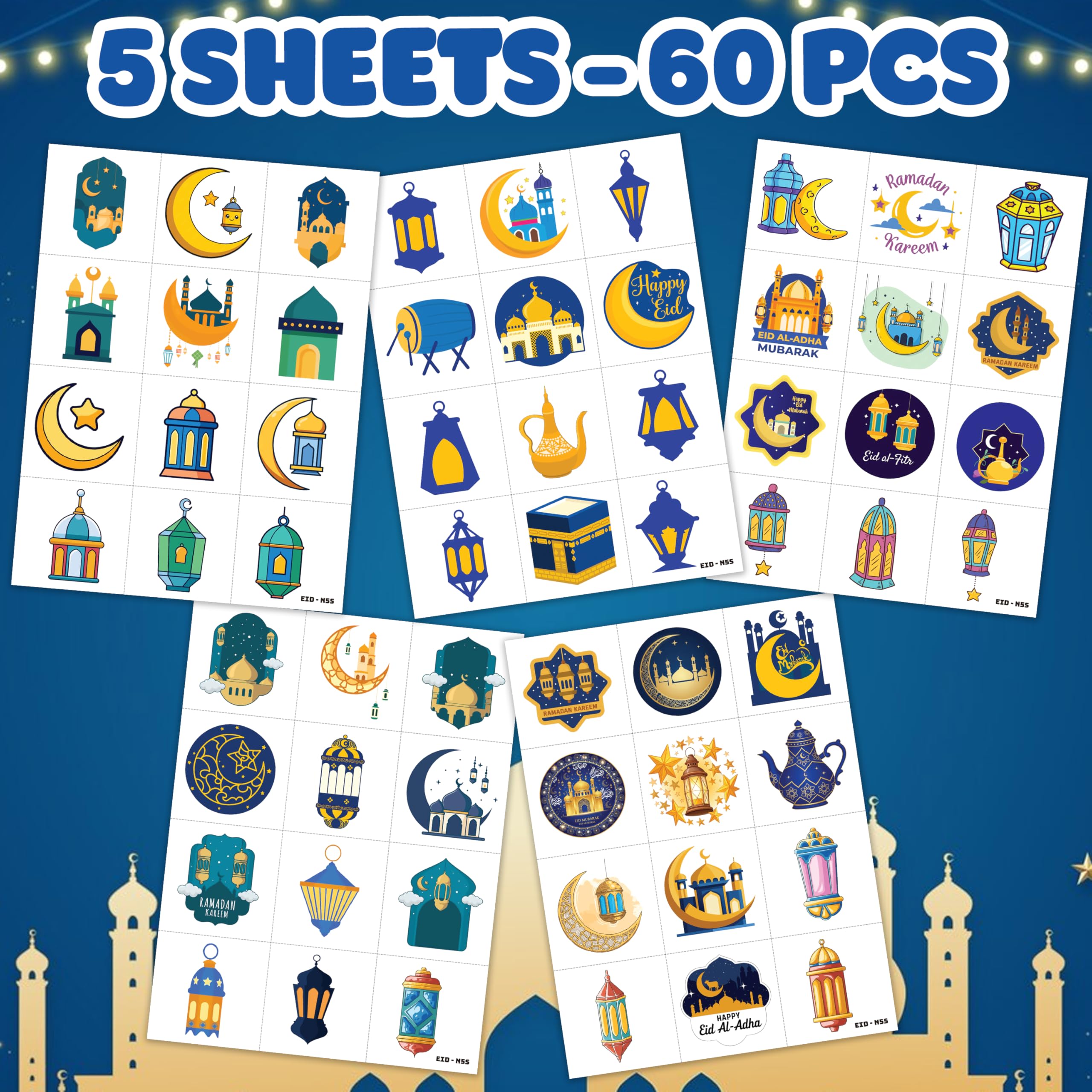 Cute Eid Mubarak Temporary Tattoos for Kids 60PCS 5 Sheets Ramadan Kareem Party Favors Birthday Decorations Classroom Prizes Holiday Gifts
