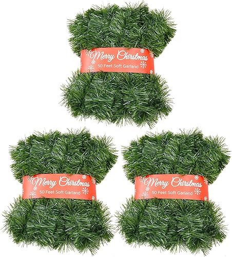 Paquete de 3 guirnaldas de Navidad suaves de 50 pies, guirnalda de Navidad no iluminada, ideal para decoración de interiores y exteriores, guirnalda