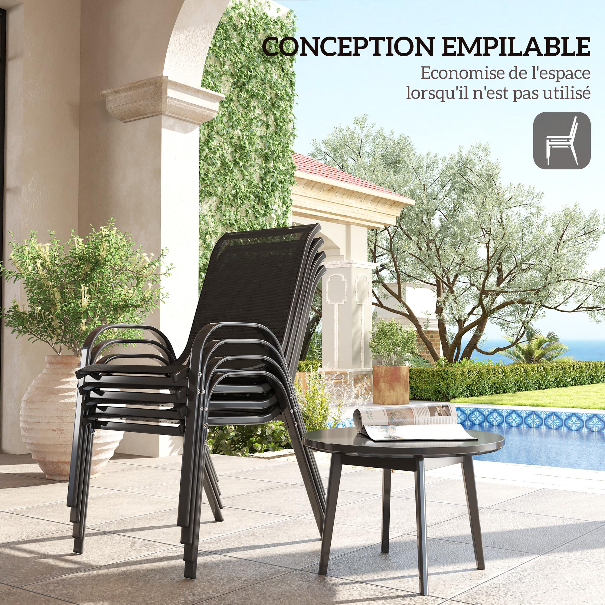 Outsunny Lot de 4 chaises de Jardin, chaises empilables, Dossier Haut incliné, Tissu en Maille Respirante, Cadre en Acier, Noir