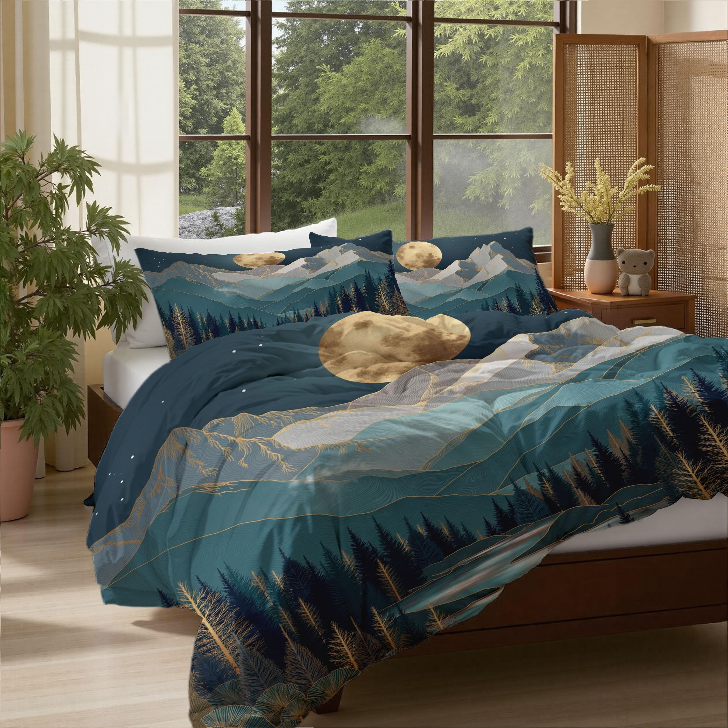 Housse de couette géométrique lune lit 2 personnes 240x260 parure de lit bleu