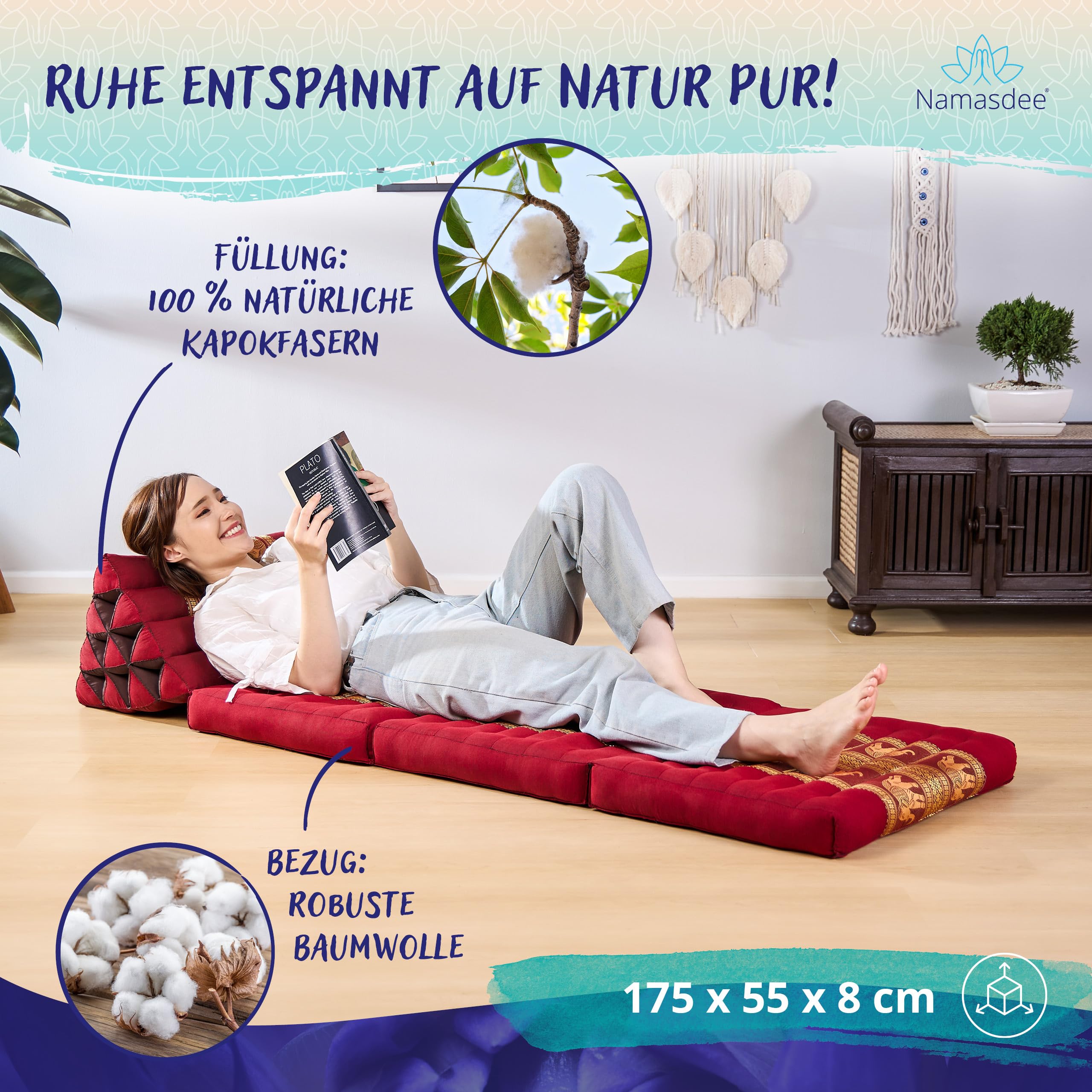 Thaikissen 3 Auflagen 175x55x8cm mit 100% natürlicher Kapokfüllung (Rot/Elefanten Seide)