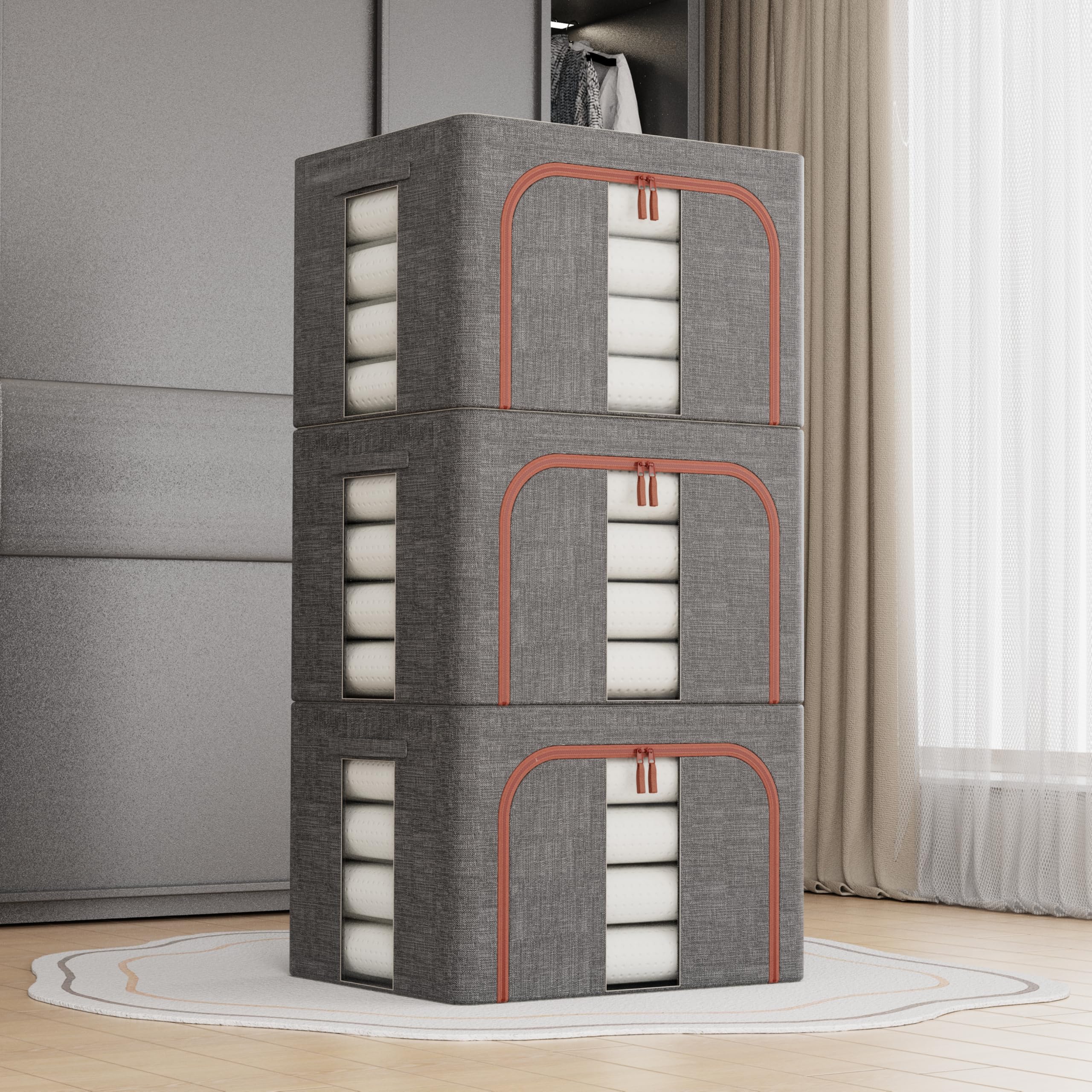 100L Grey Cloth Storage Boxes,3Pcs Clothes Storage Bins with Metal Frame,Foldable Fabric Bins Organizer for Clothes,Stackable Openings Cloth Storage Bin with Lid,Clear Windows,Zippers,Durable Handles