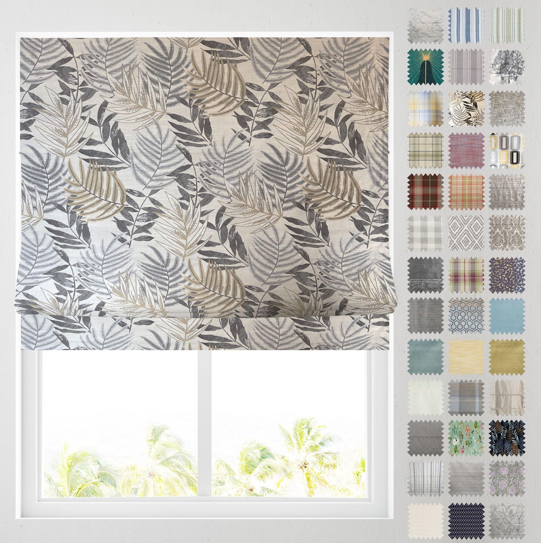 Barnes Blinds And Interiors Forest Leaf Grey Barnes Blinds - Patterned Roman Blinds, Fully Lined, Custom Sizing Available - Durable Fittings Easy Fit (Forest Leaf Green 153Cm)