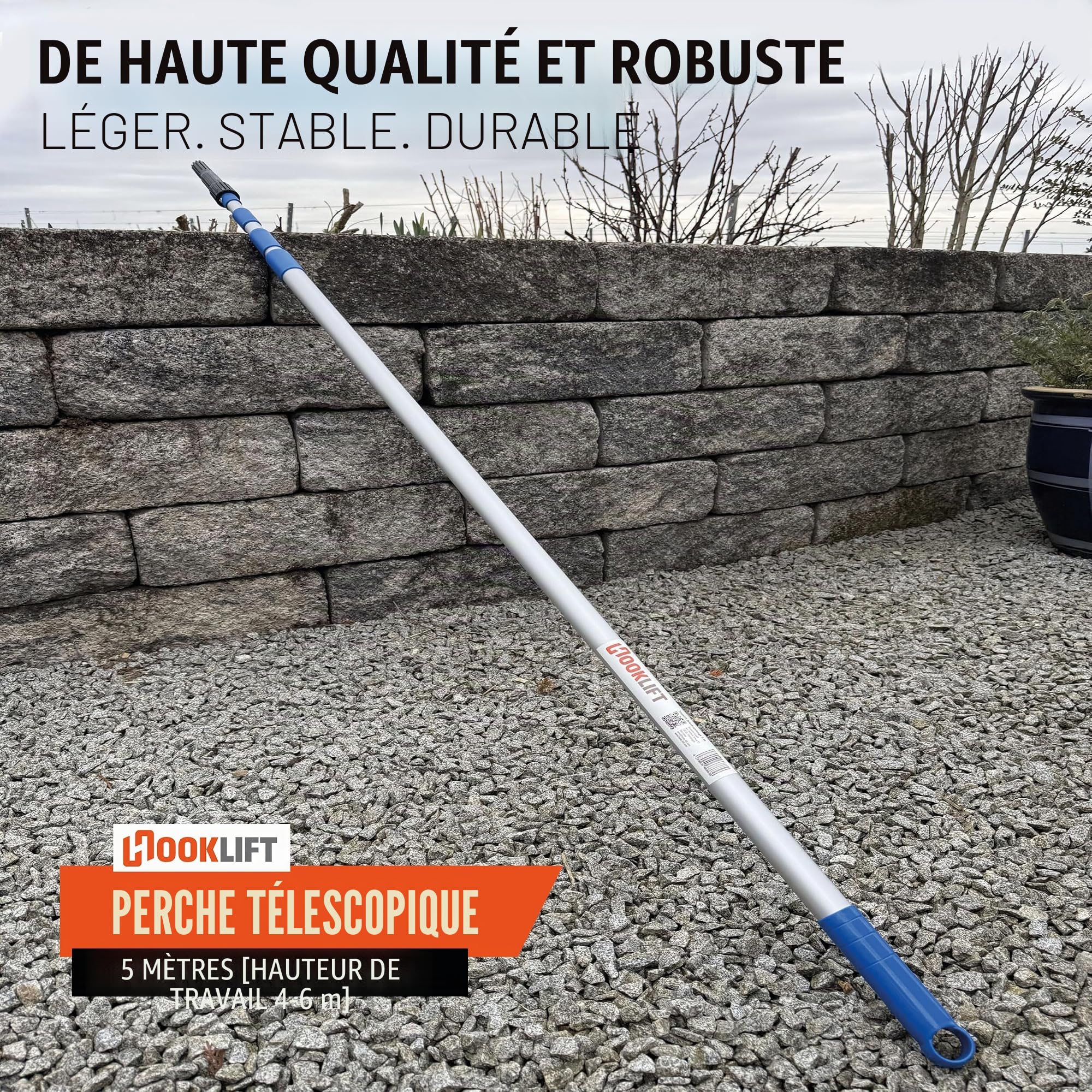 La plus courte barre télescopique en aluminium de 5 m avec adaptateur, réglable en continu de 154 à 505 cm ; idéale pour le nouveau système de crochets magnétiques et pour d'autres