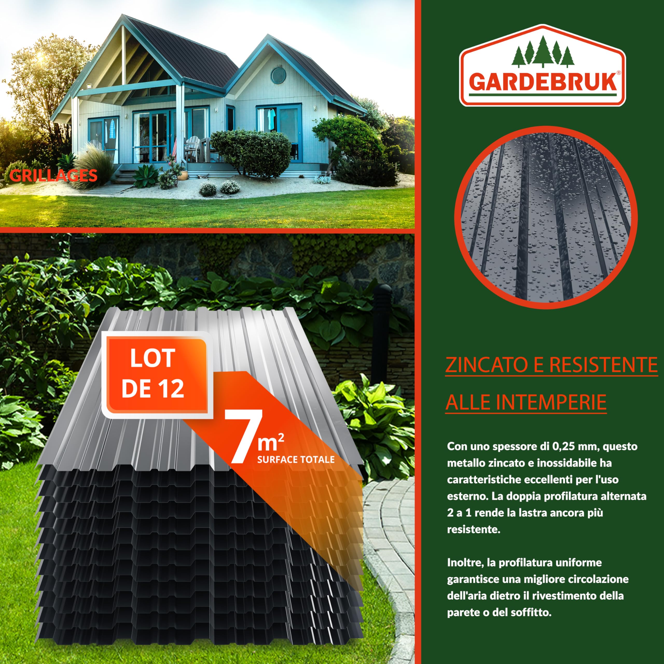 GARDEBRUK 12x Lastre per Coperture 129x46cm 7m² Zincate Lamiere Tettoia Capanno Attrezzi Antracite