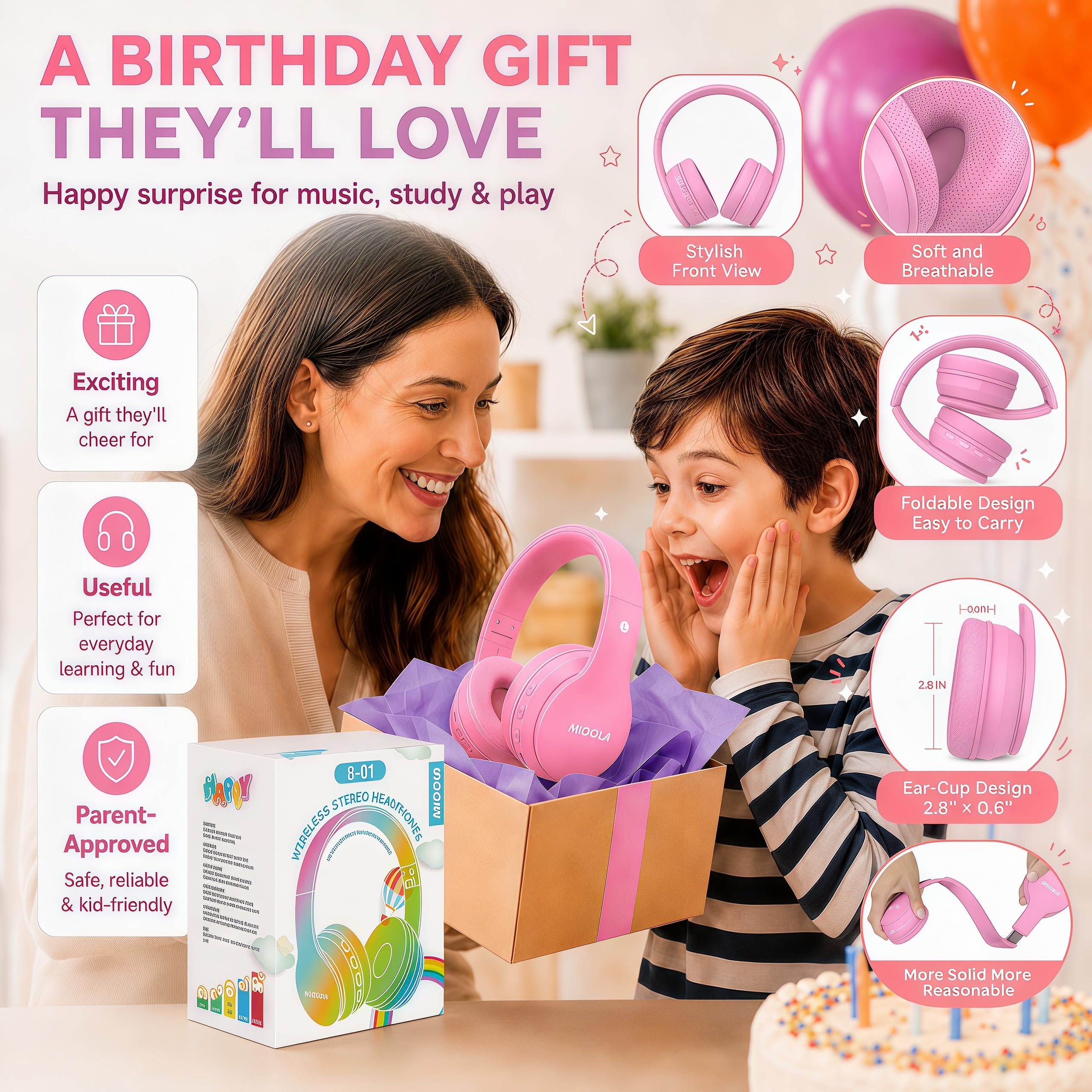 MIDOLA Auriculares Bluetooth inalámbricos para niños, límite de volumen de 85 dB/110 dB, protección contra el ruido, plegables, con cable, cable AUX, micrófono para niños, niñas, viajes, escuela,