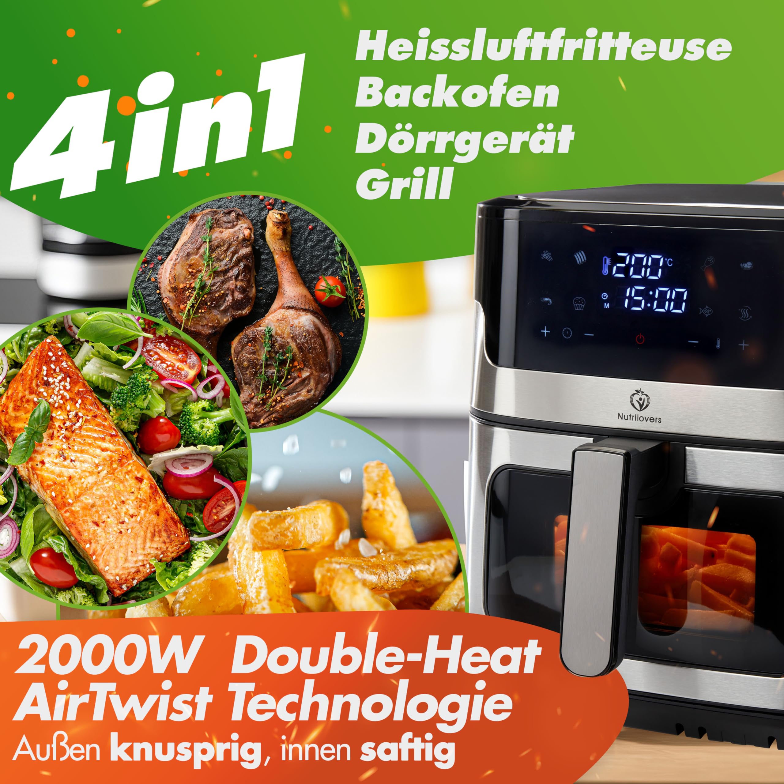 Nutrilovers Heißluftfritteuse NUTRI-FRYER EDELSTAHL XXL 8L, 2000W, Airfryer Edelstahl mit LED Touch Display, Double Heating Technologie, Sichtfenster, fettarme Pommes Fritteuse ohne Öl inkl. Rezepte
