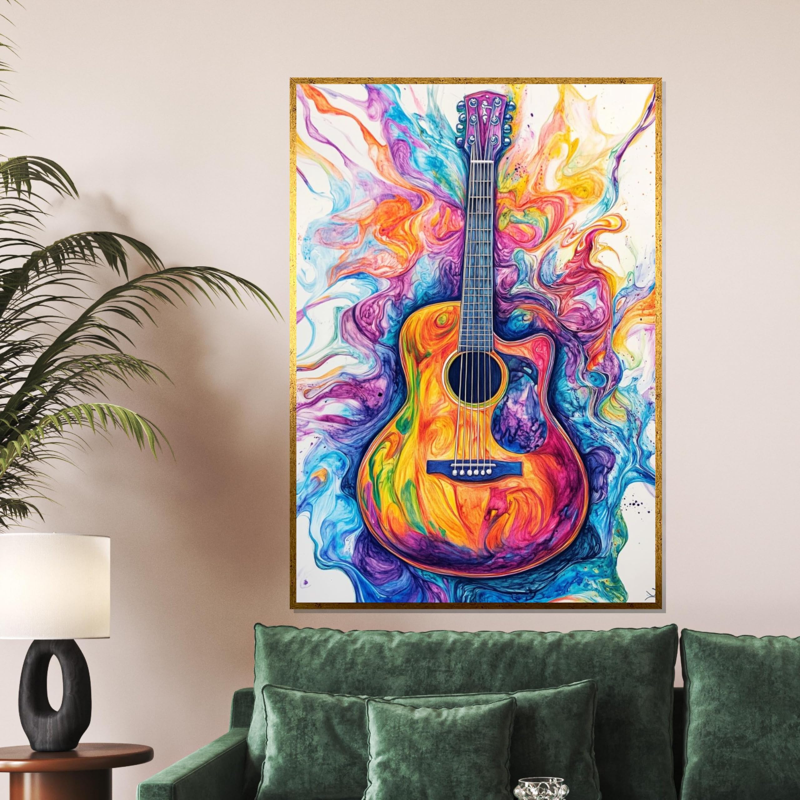 XINBAO Gitara płótno kolorowe płótno do gitary muzyczne wydruki artystyczne abstrakcyjny obraz gitarowy projekt płótna obraz obraz (70x100 cm/rama wewnętrzna)