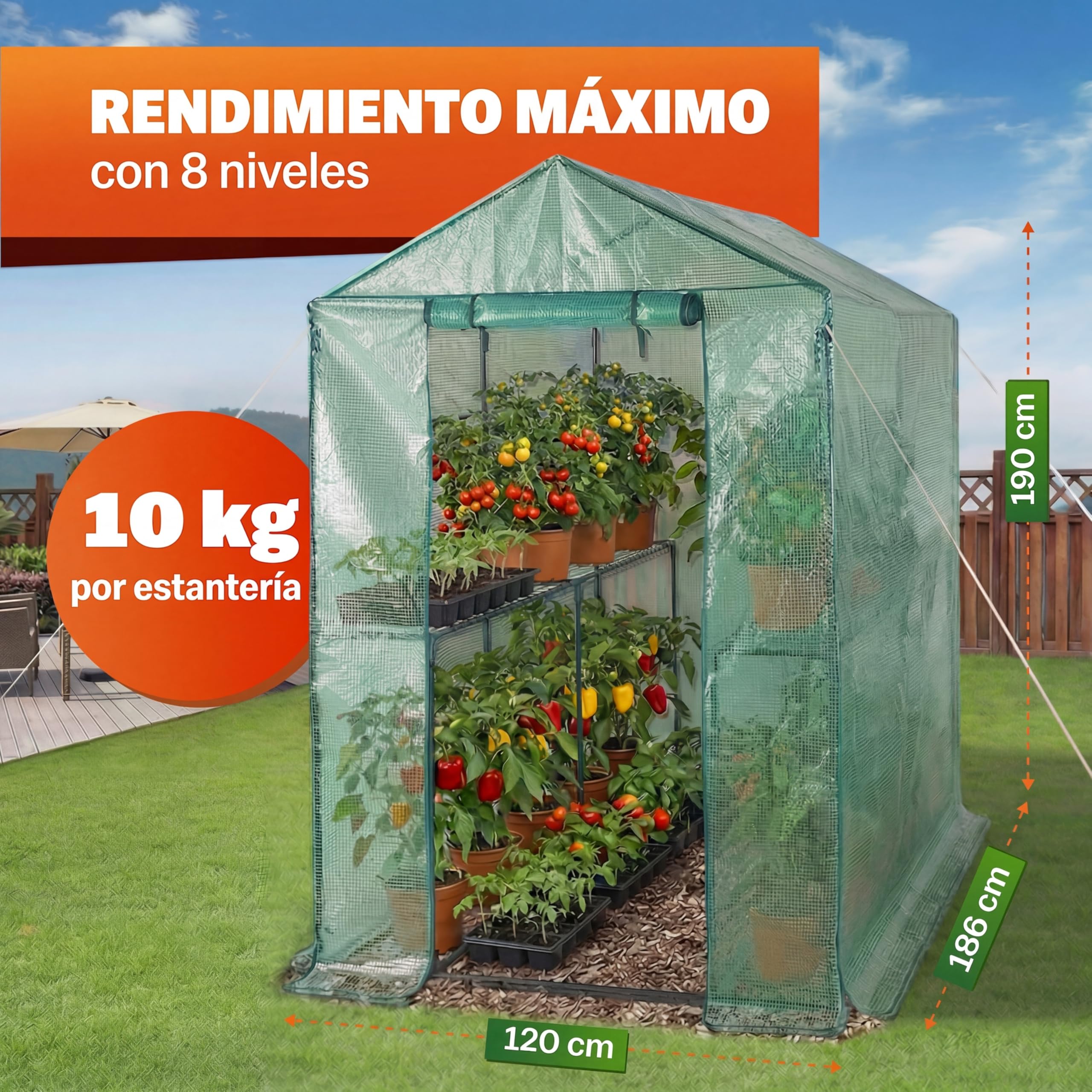 Gardebruk Invernadero de Jardín 190x186x120cm 4 Estantes Puerta Enrollable Cubierta PE Vivero Casero