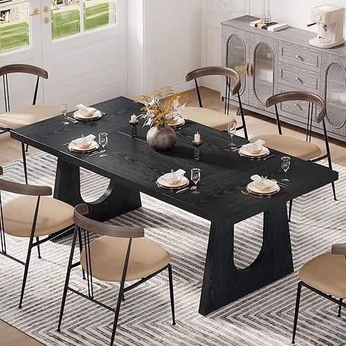 Miniatura 3 de Tribesigns Mesa de comedor grande para 6-8 personas, mesa de cocina moderna de 70.9 pulgadas para cena con patas de madera negra, mesa de comedor